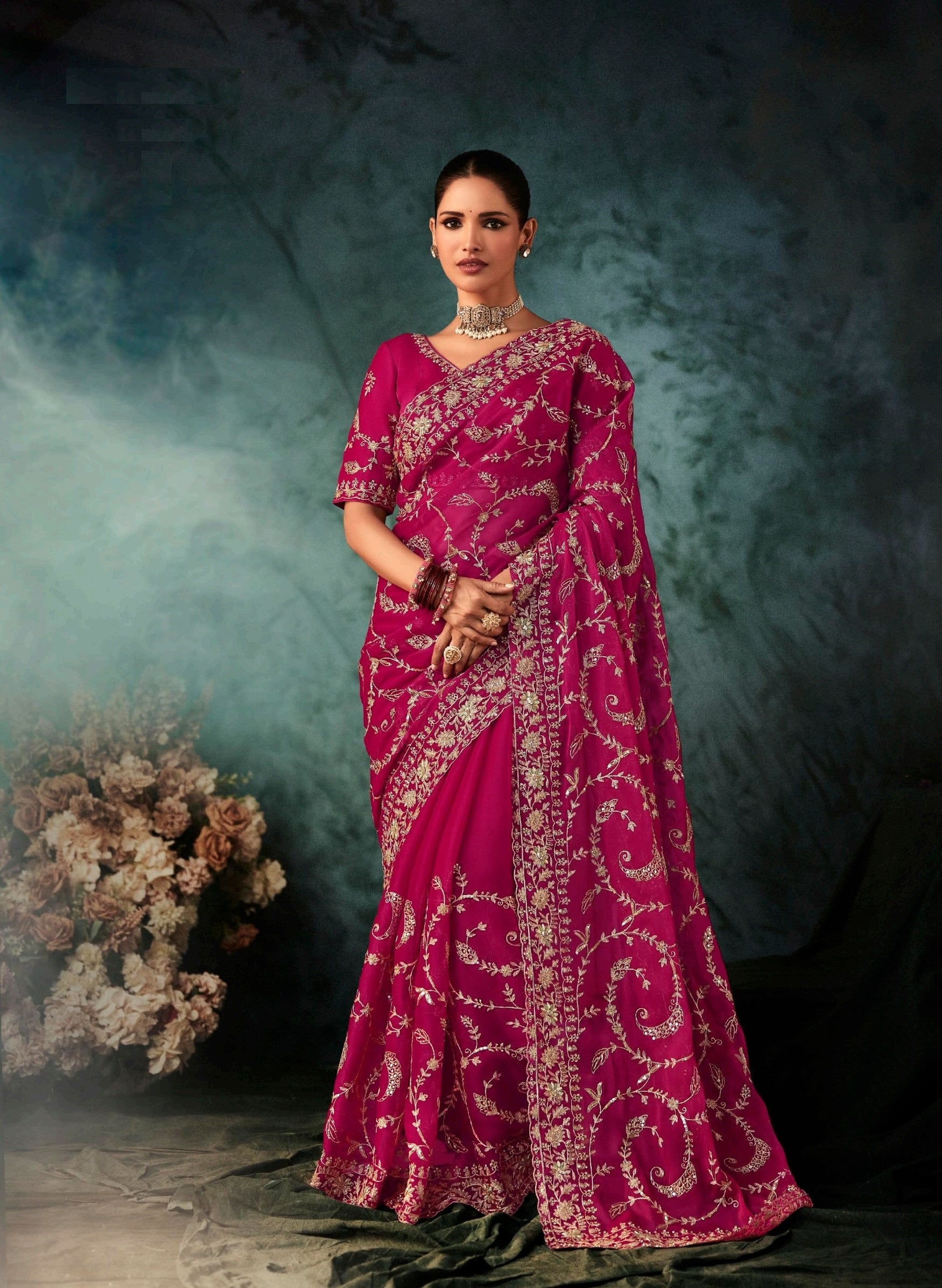 Pink Natural Crepe Aari Work Handwork Saree