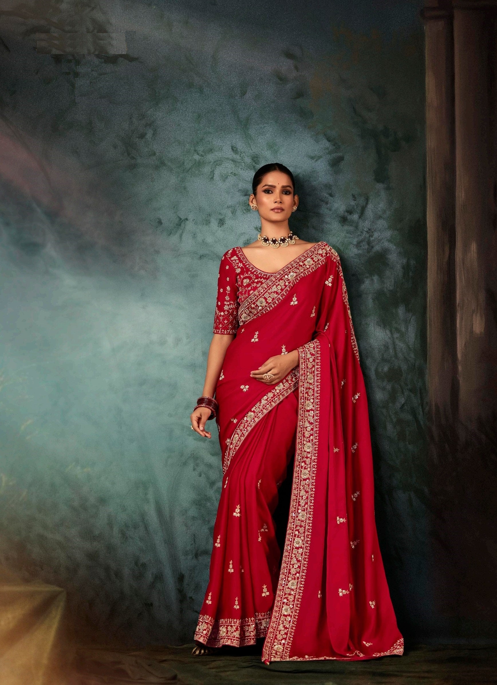 Red Fancy Fabric Aari Work Handwork Saree