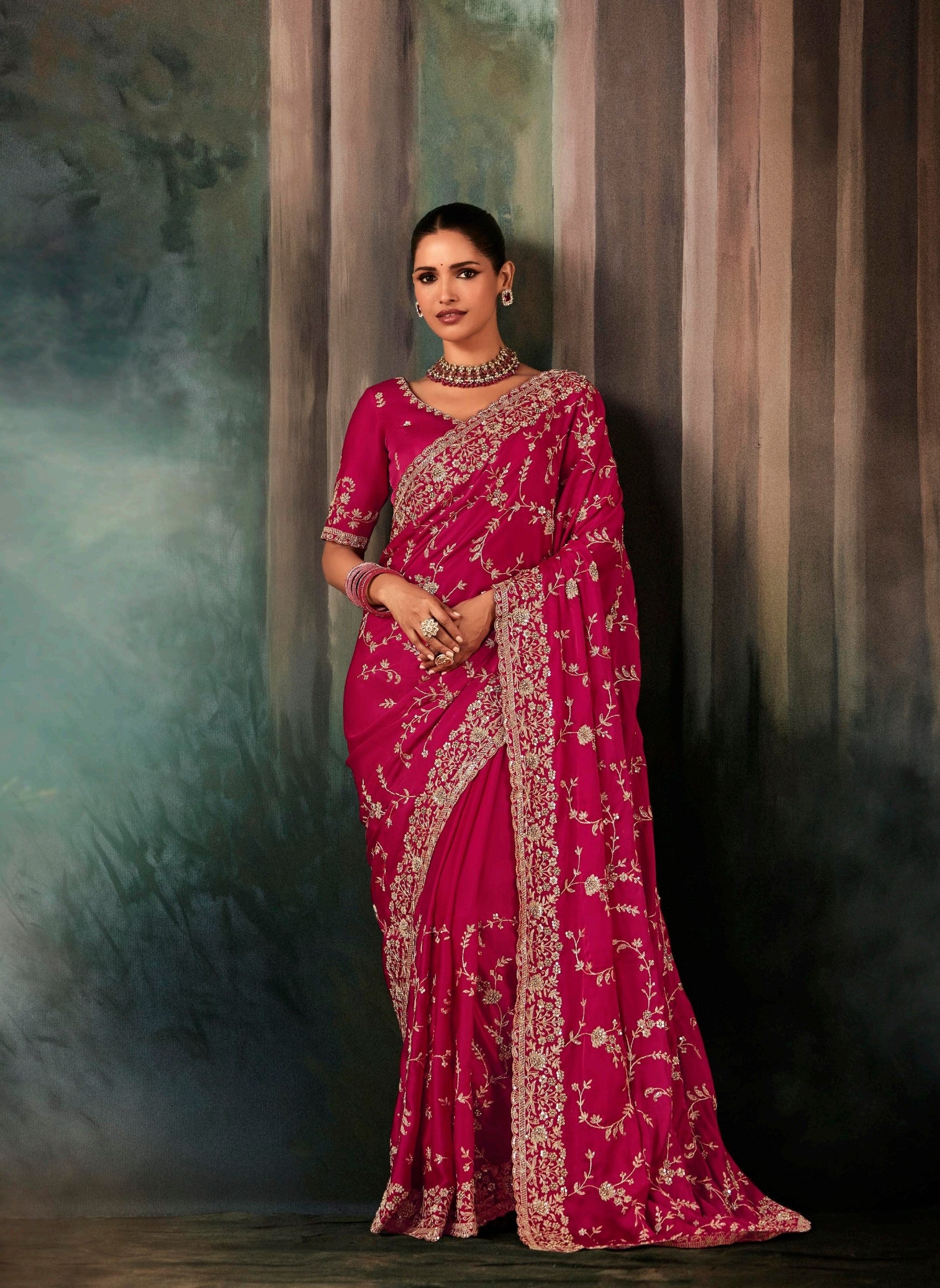 Magenta Pink Soft Satin Aari Work Saree