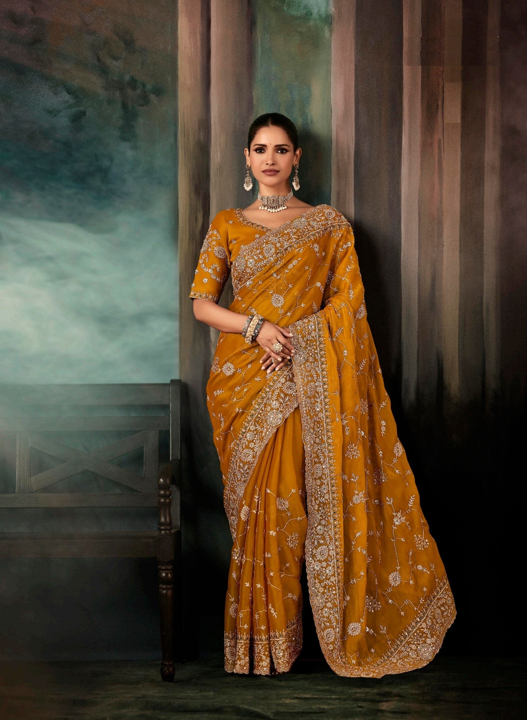 Mustard Yellow Fancy Fabric Aari Work Saree