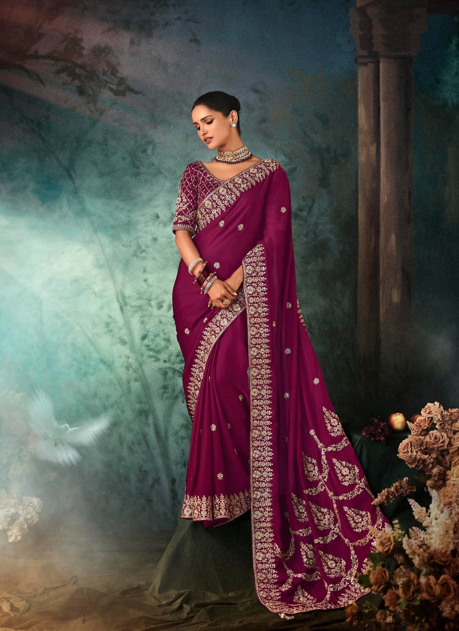 Wine Purple Soft Satin Aari Work Handwork Saree