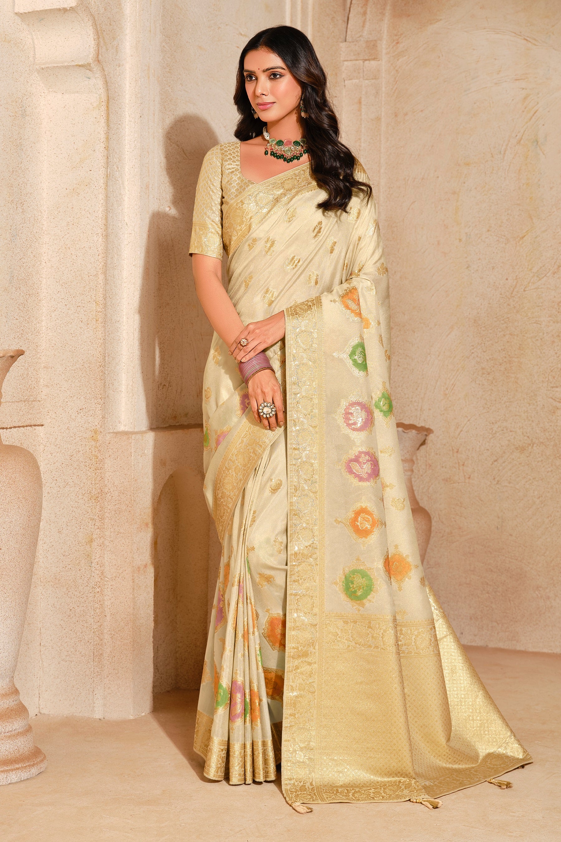 Cream Silk Zari Weaving Saree
