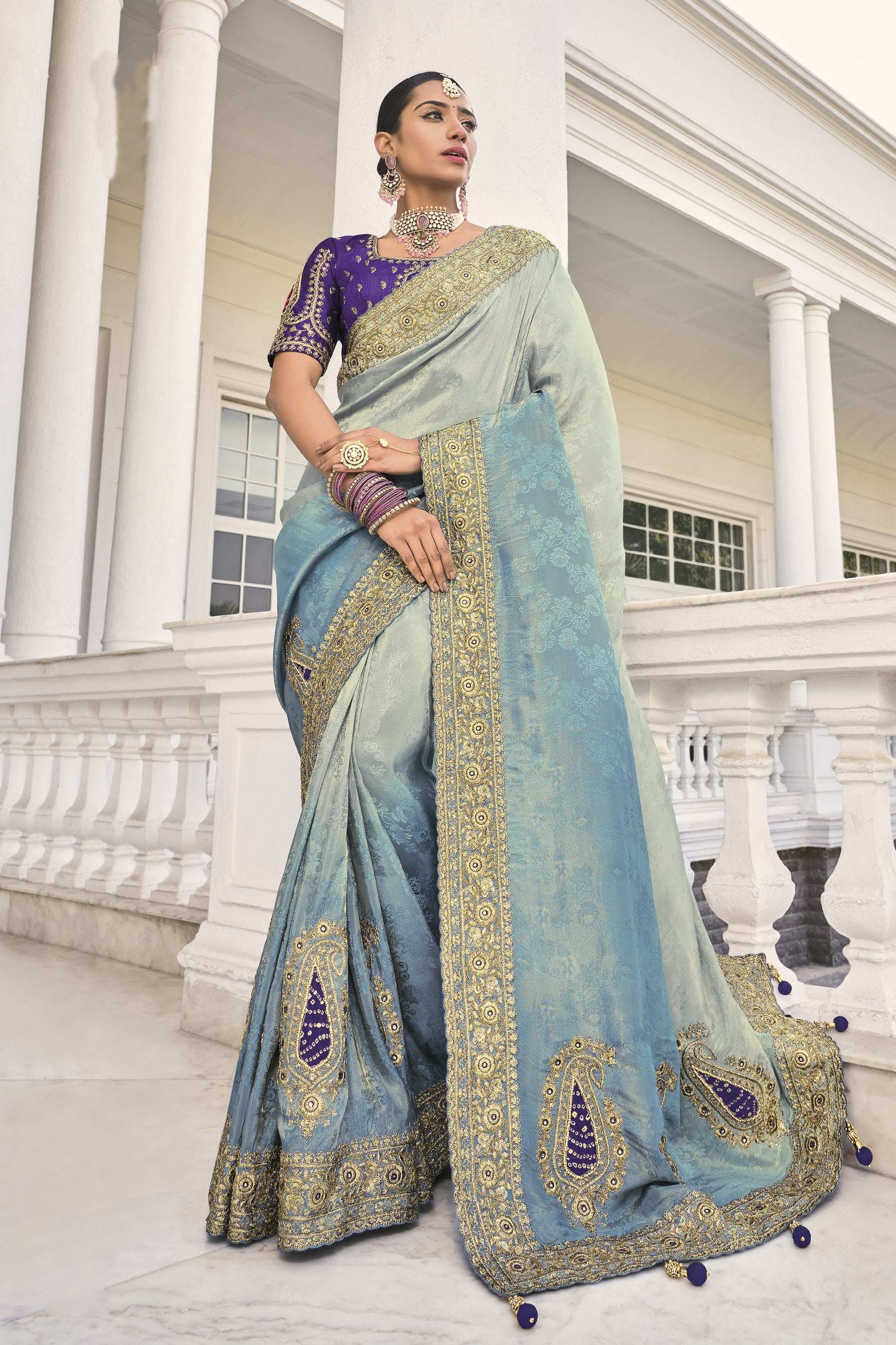 Grey Blue Crepe Jacquard Designer Work Saree