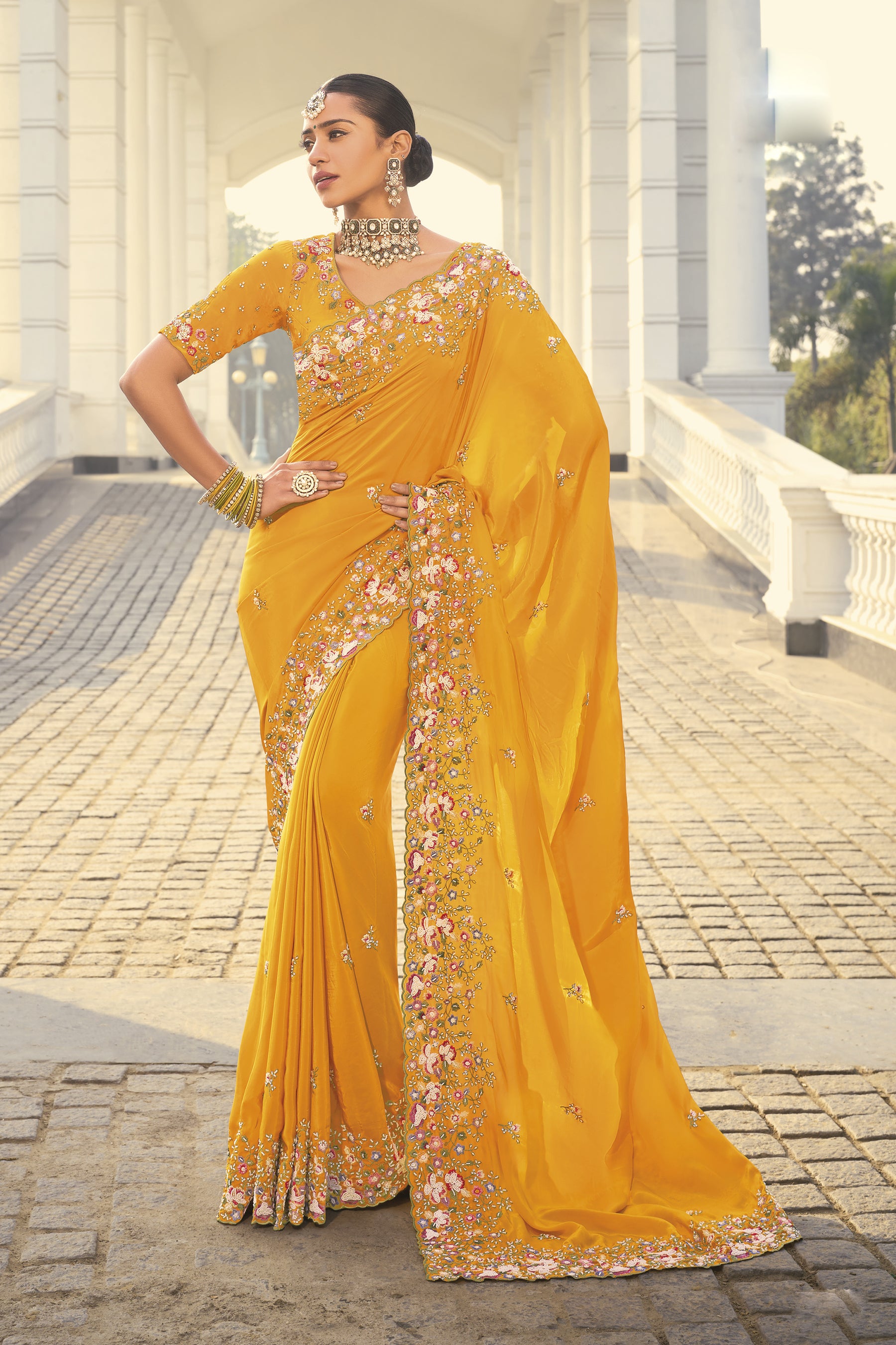 Mustard Pure Crepe Jarkan Work Saree
