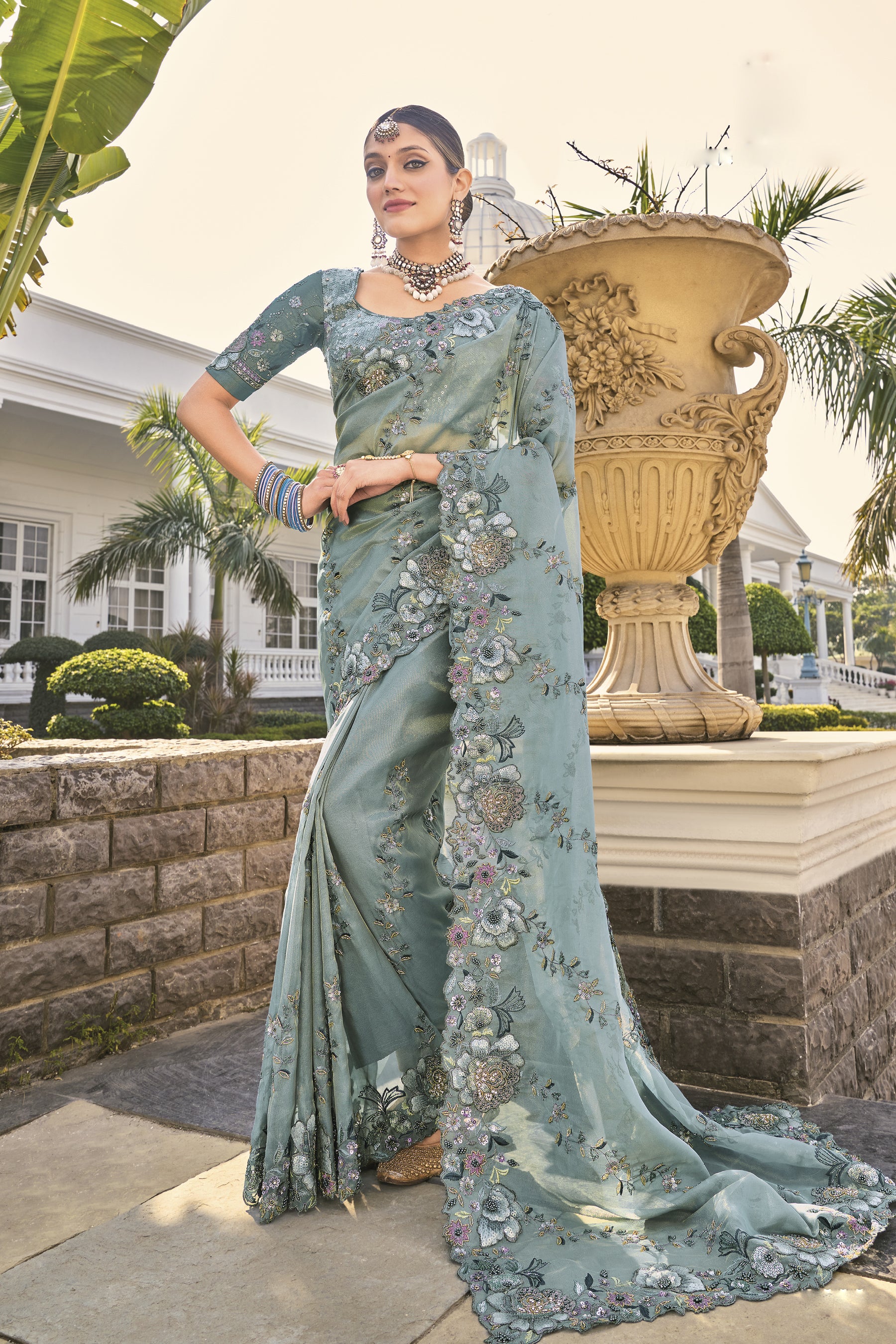 Sea Green Pure Organza Cut Dana Work Saree
