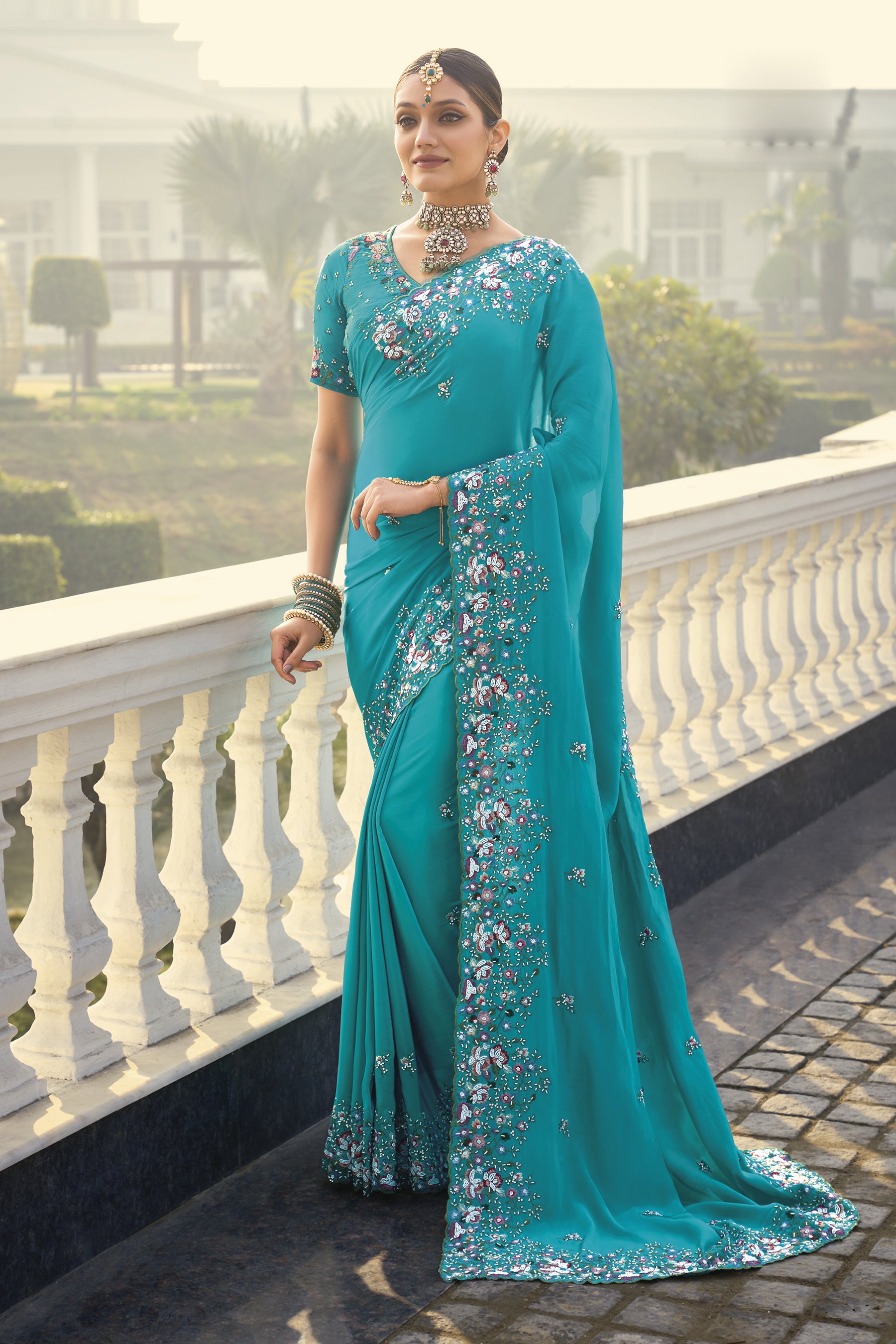 Firozi Pure Crepe Jarkan Work Saree
