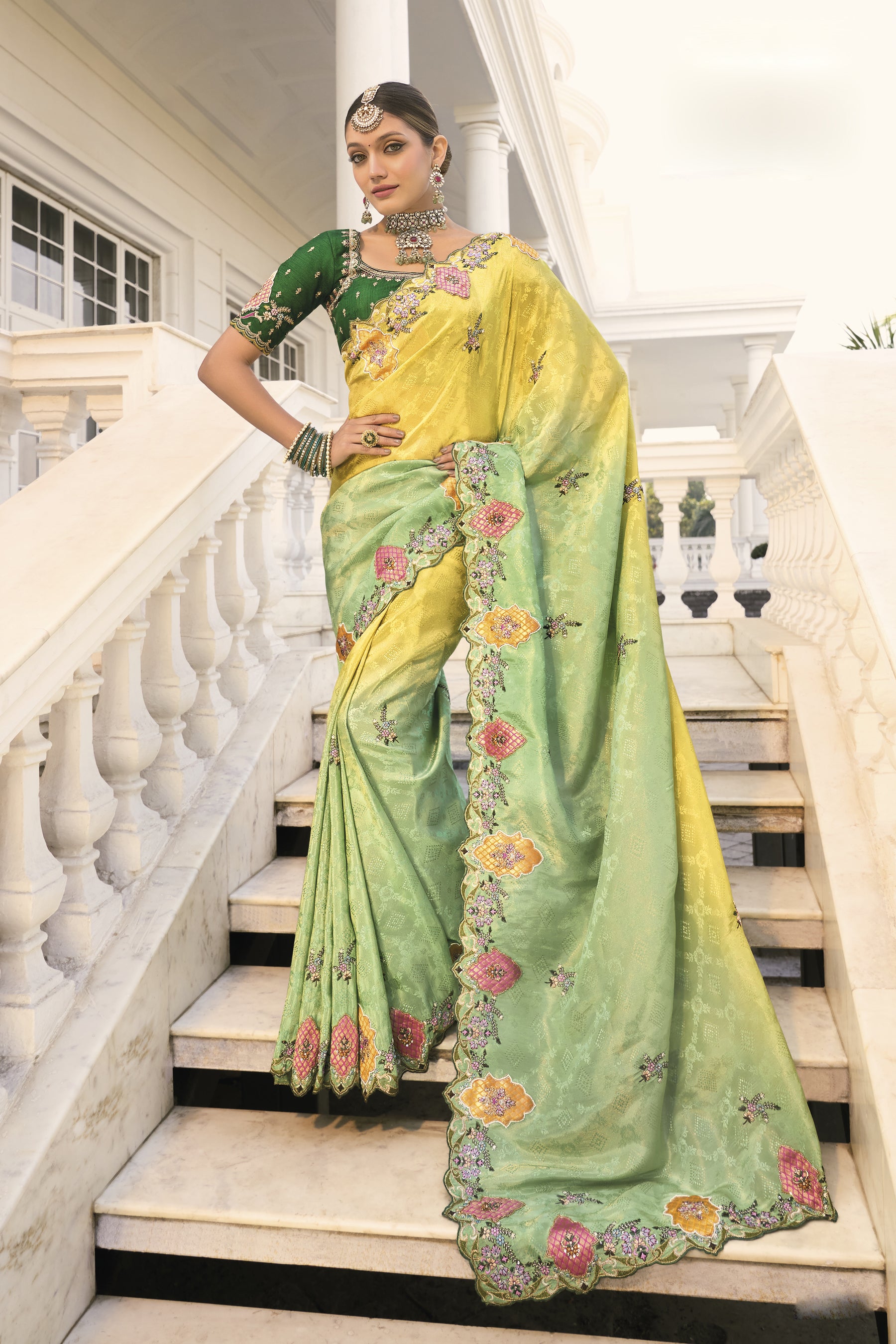 Lemon Green Crepe Jacquard Designer Work Saree