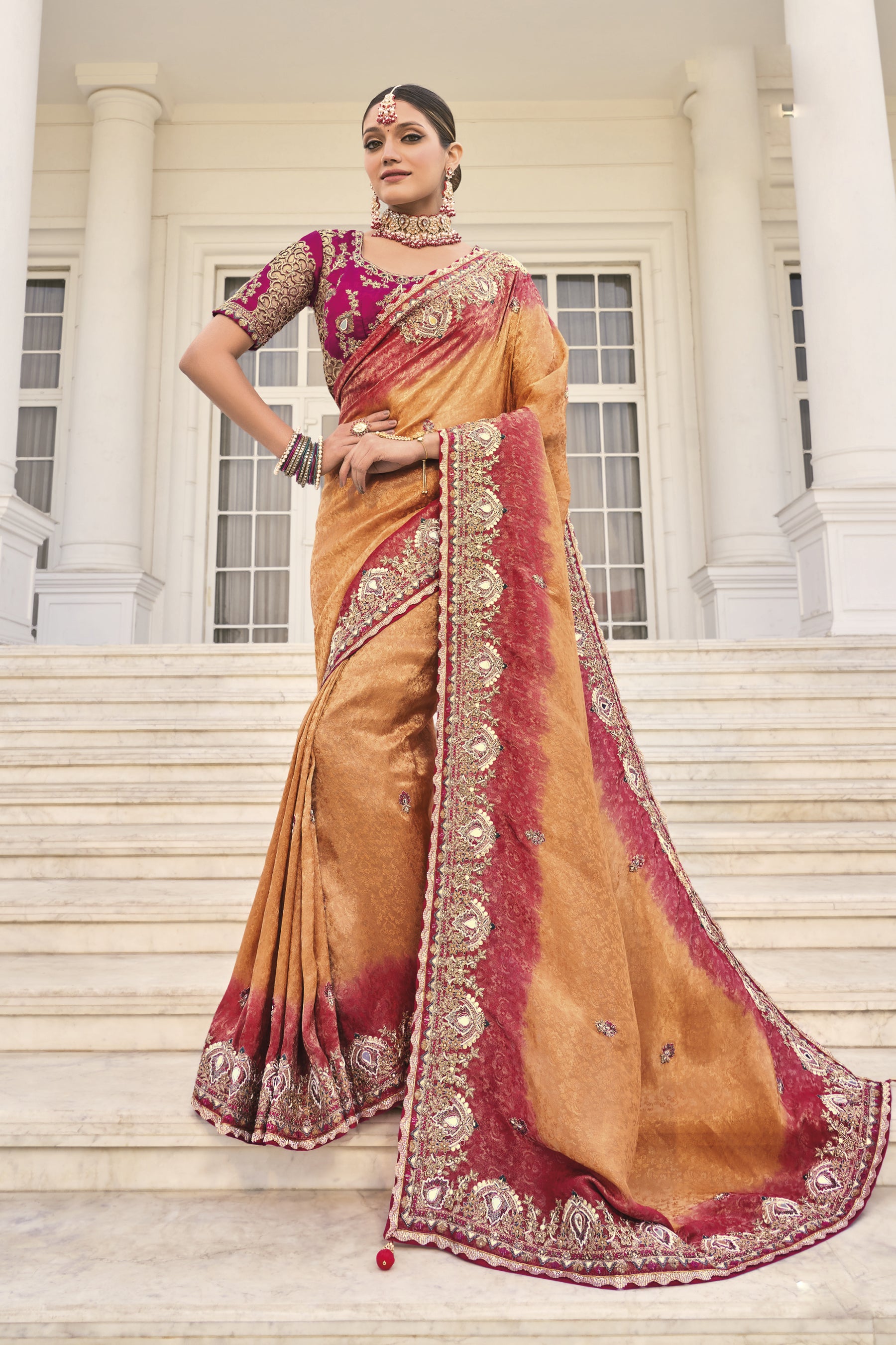 Peach Natural Crepe Jacquard Mirror Work Saree