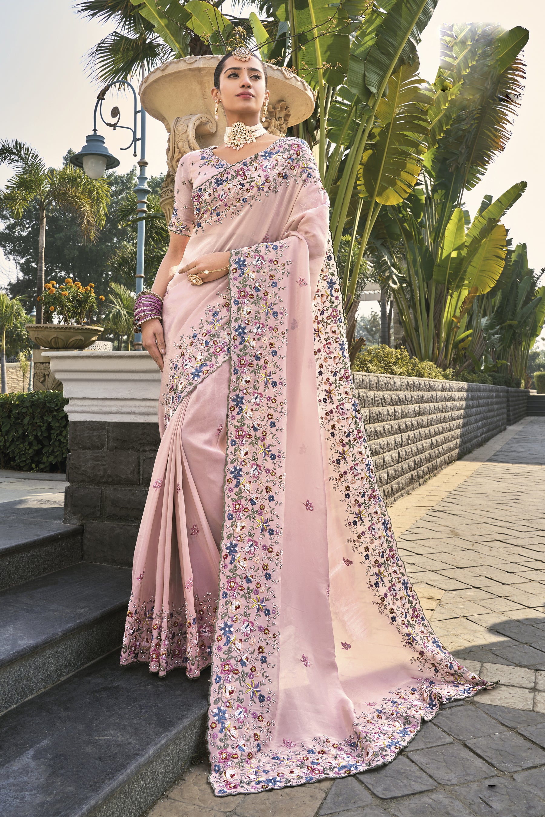 Pink Pure Banarasi Zari Jarkan Work Saree