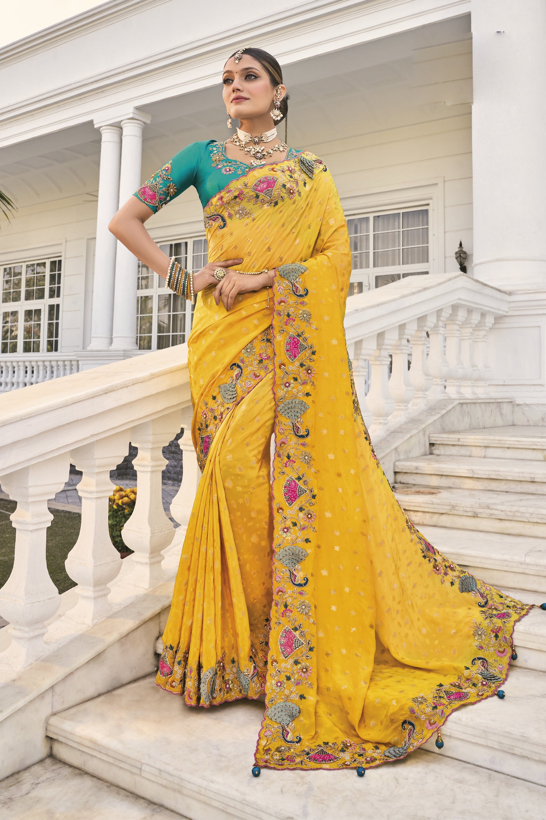 Yellow Natural Crape Cut Dana Work Saree