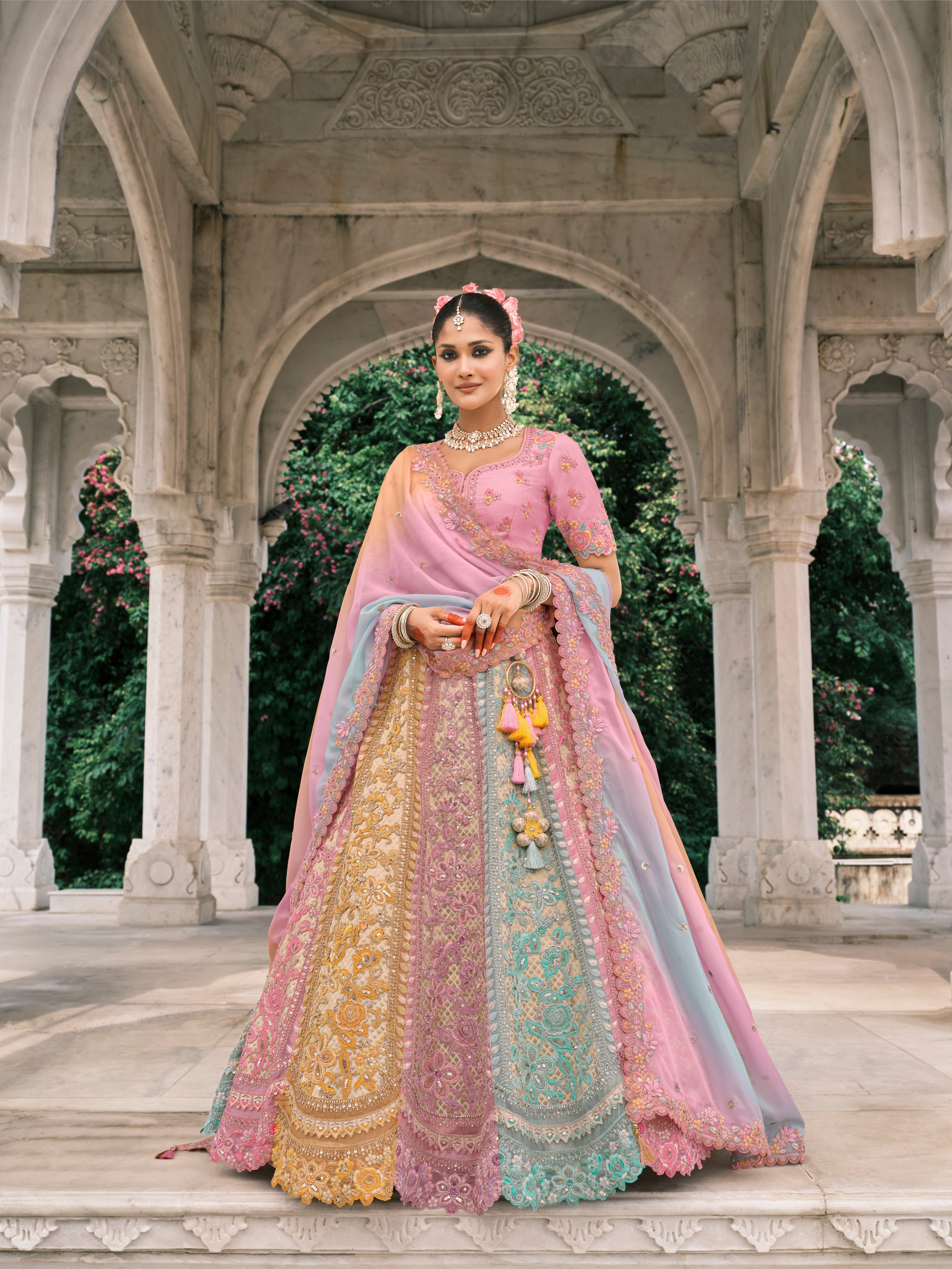 Pink Sky Blue Silk Embroidery Designer Lehanga