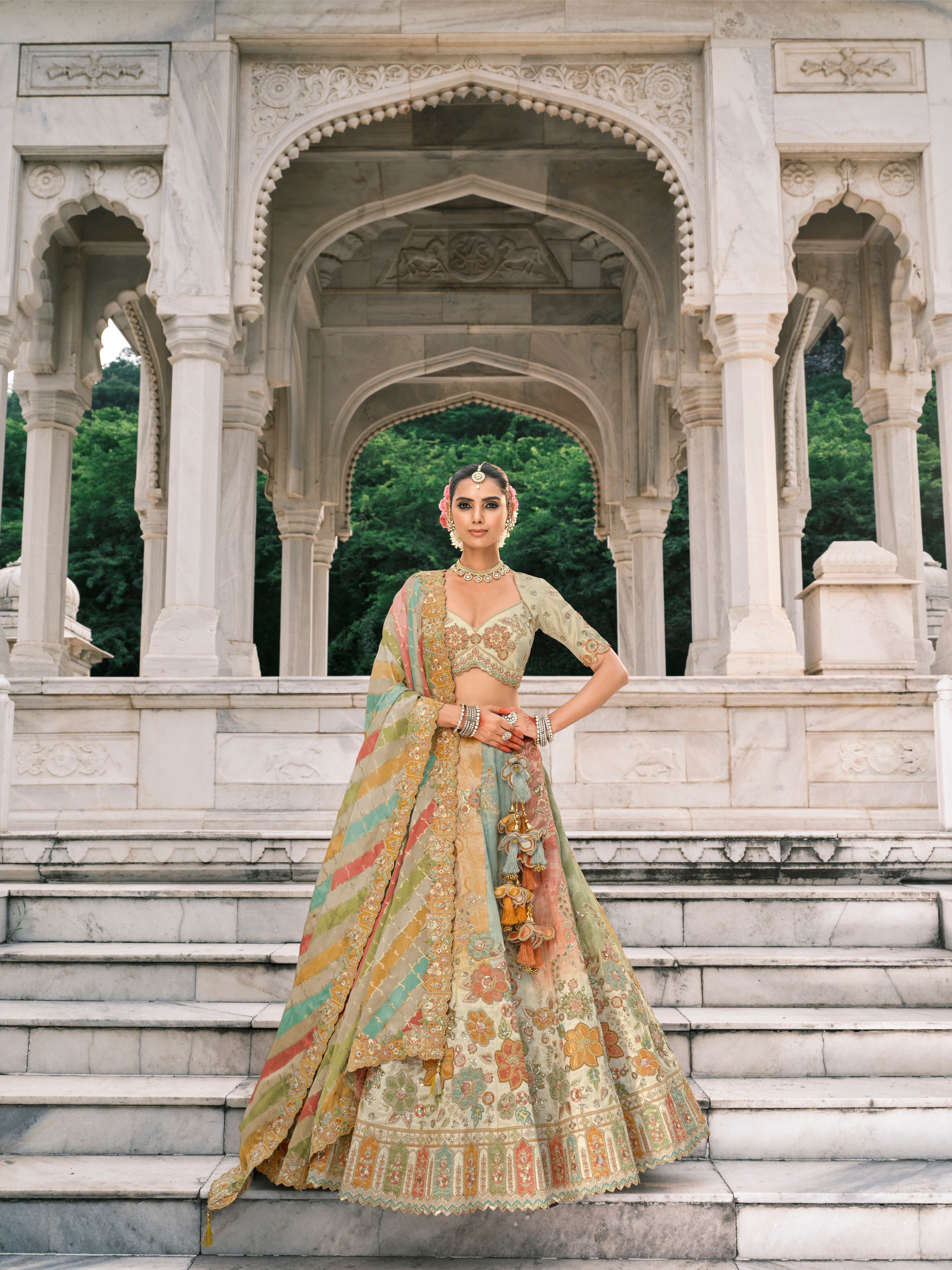 Multi Color Silk Embroidery Designer Lehenga