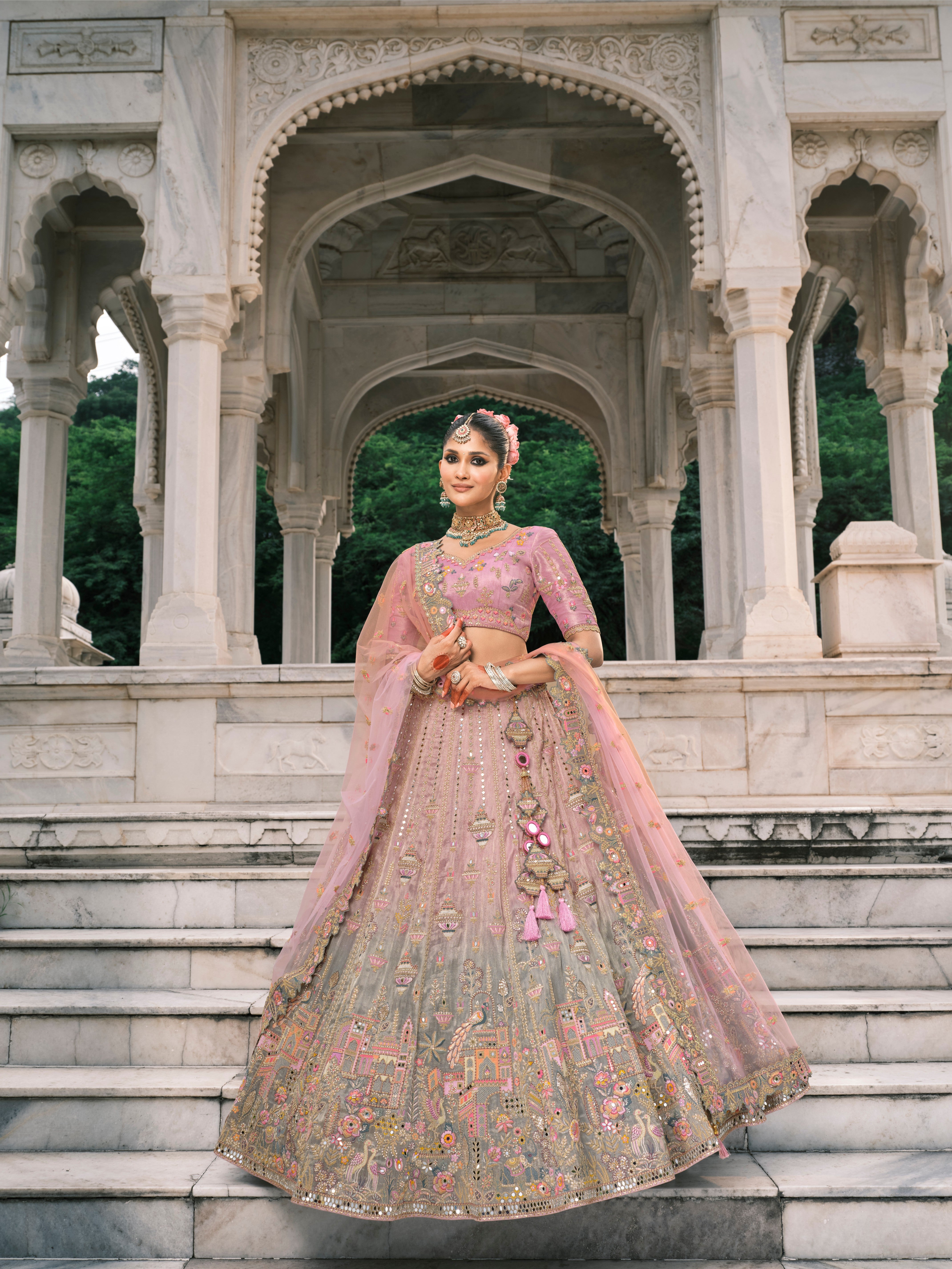 Lavender Pastel Grey Silk Embroidery Designer Lehenga