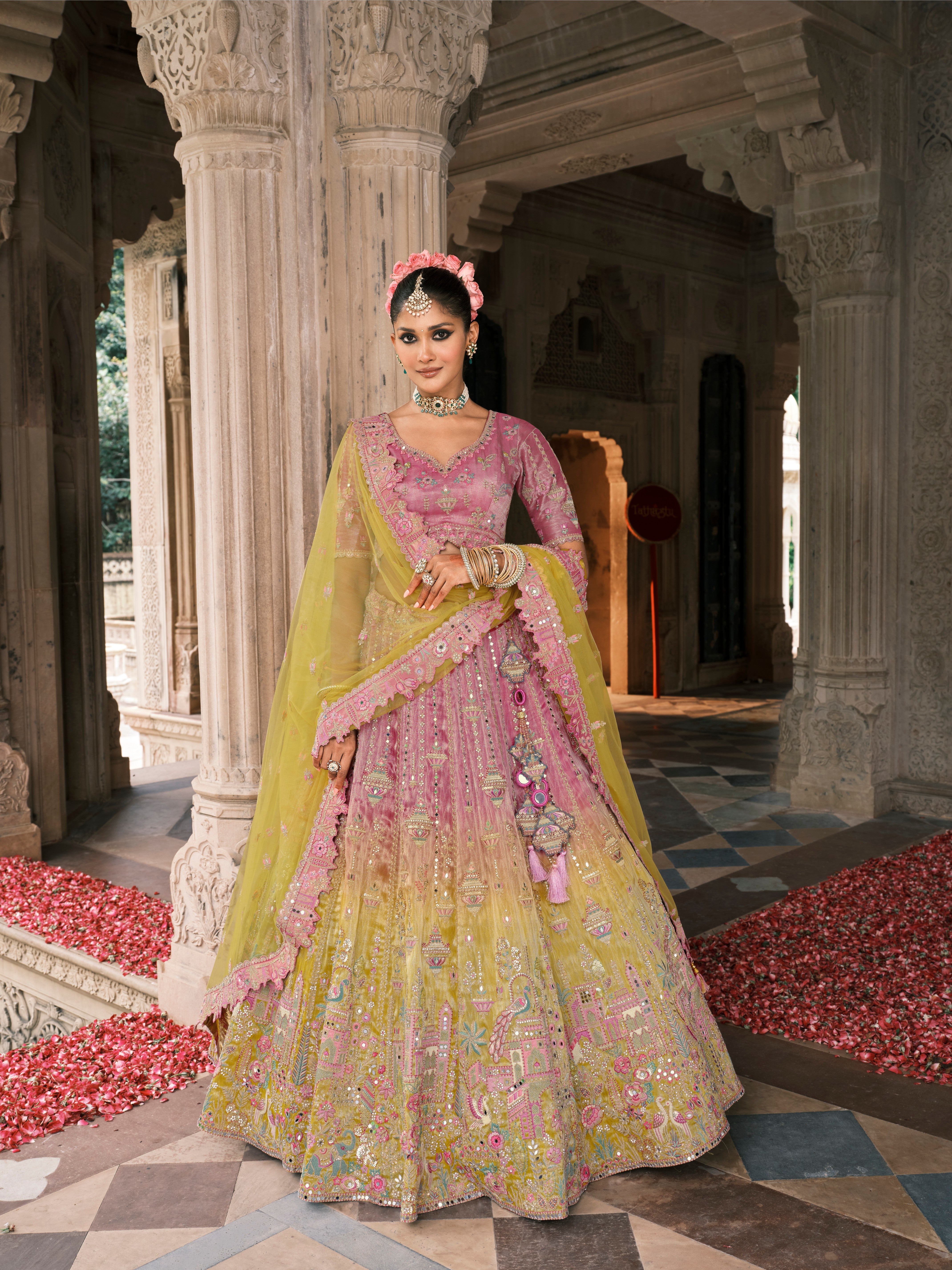 Green Pink Silk Embroidery Designer Lehenga
