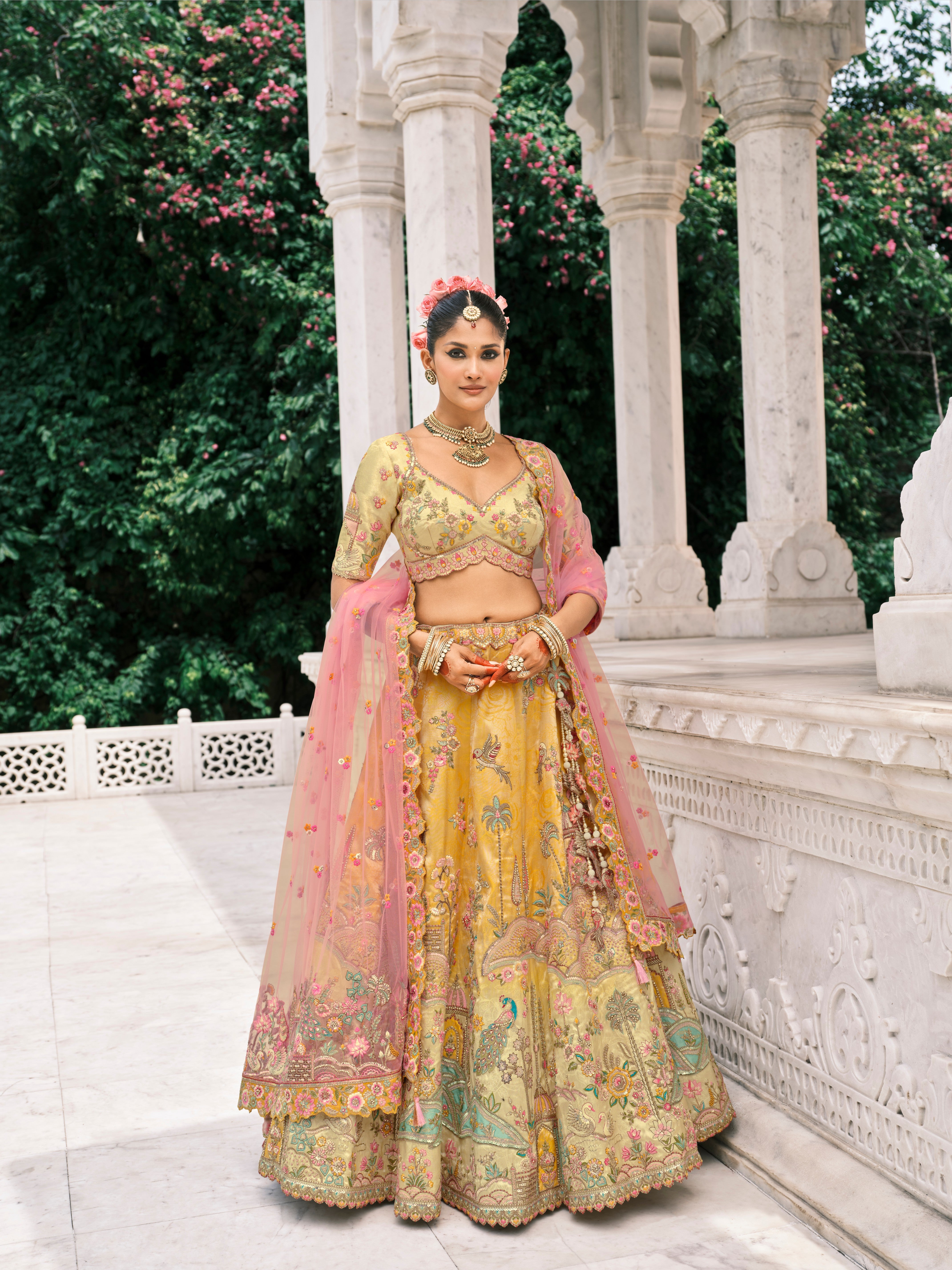 Yellow Green Silk Embroidery Designer Lehenga