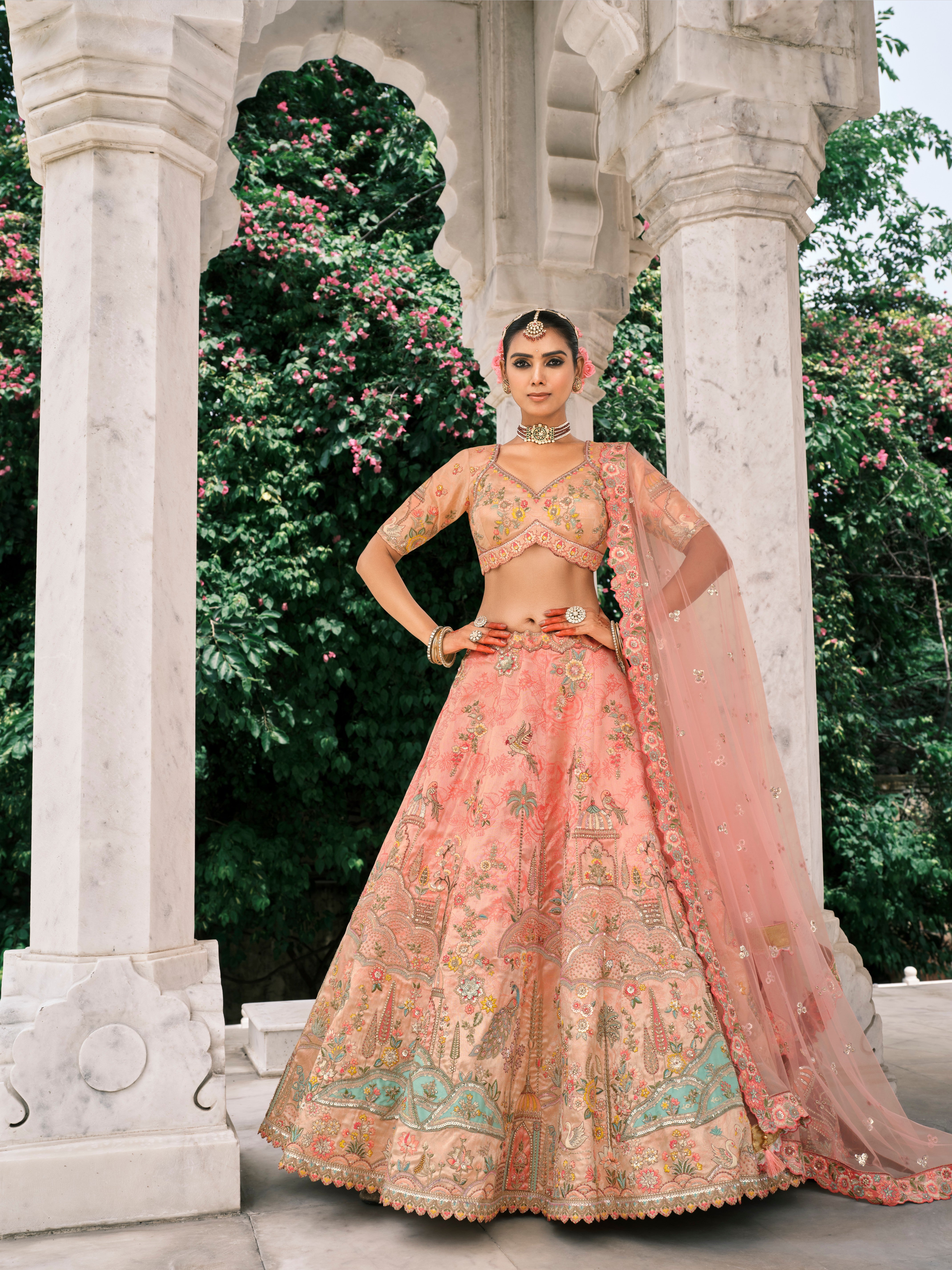Peach Pastel Blue Silk Embroidery Lehenga