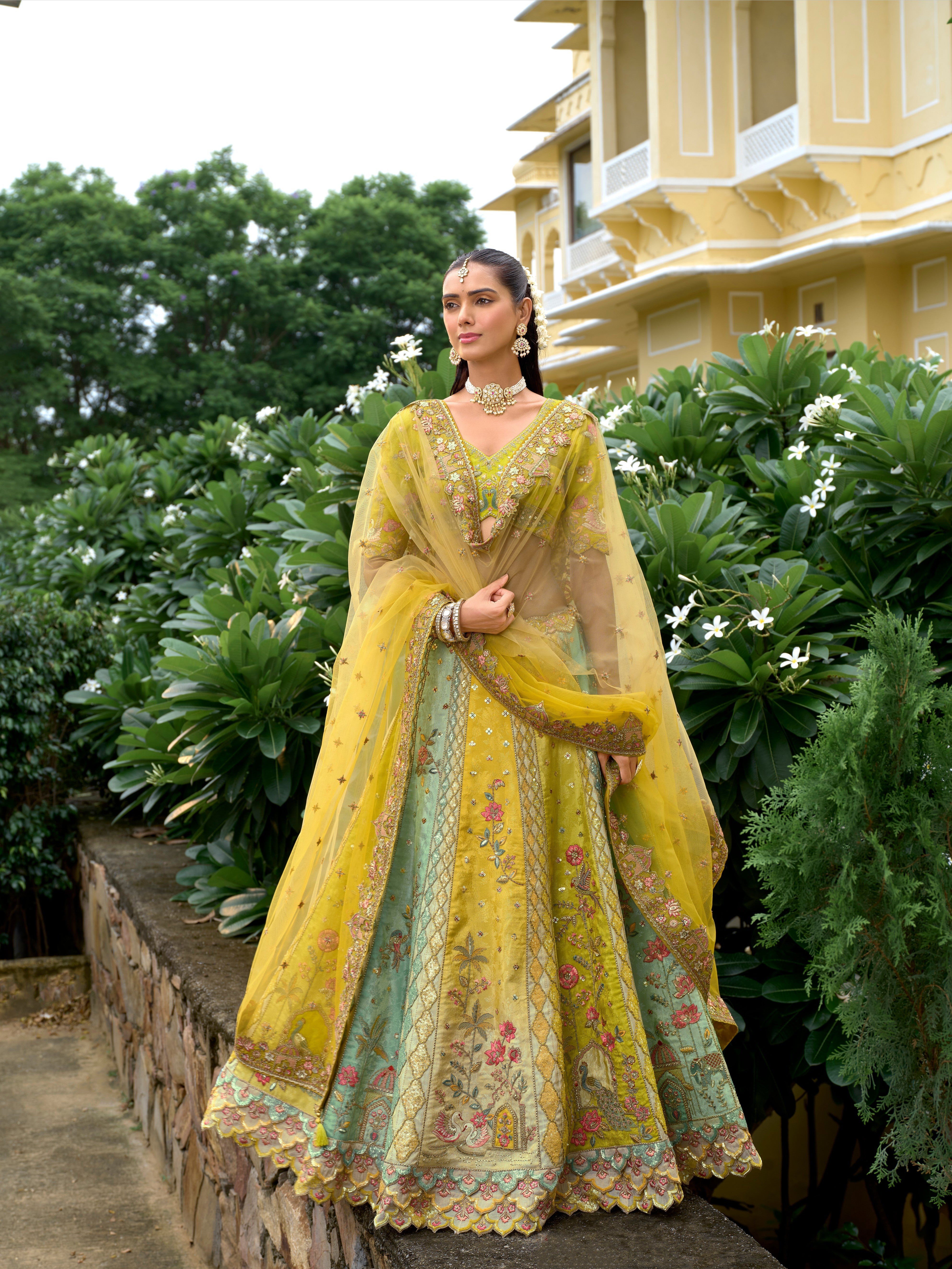 Lemon Fancy Silk Cutwork Designer Lehenga