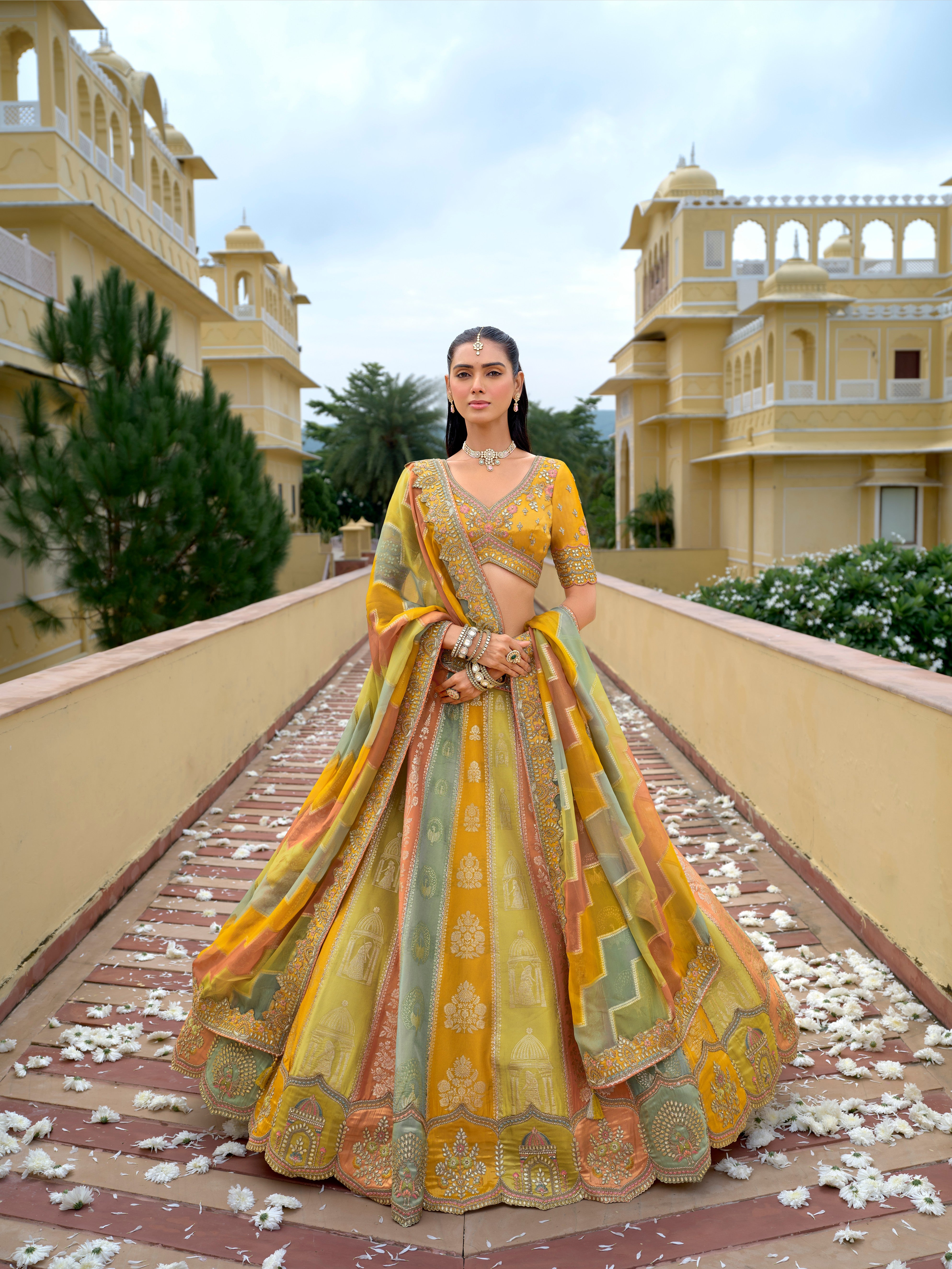 Olive Fancy Silk Cutwork Designer Lehenga