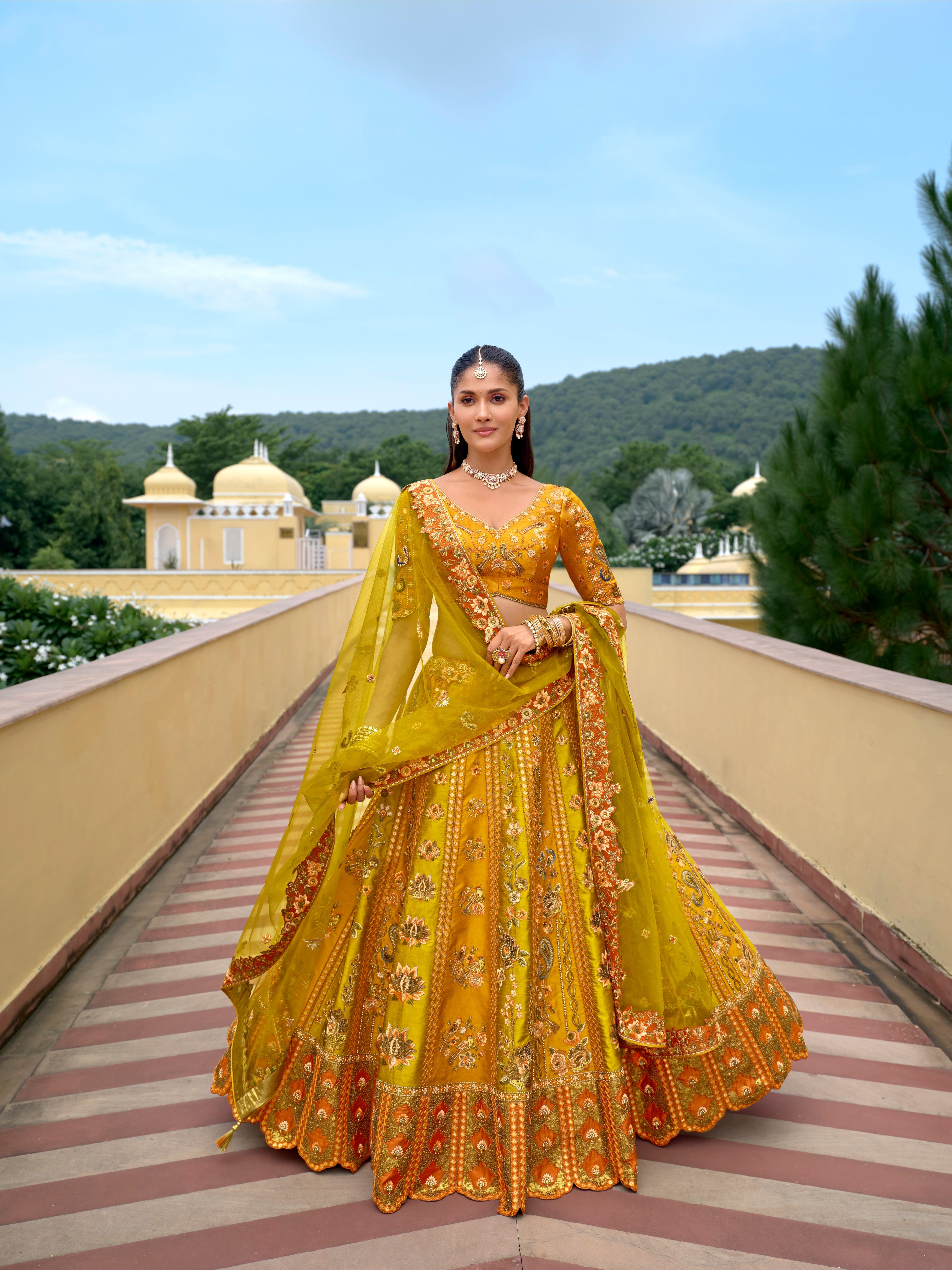 Mustard Fancy Silk Cutwork Designer Lehenga