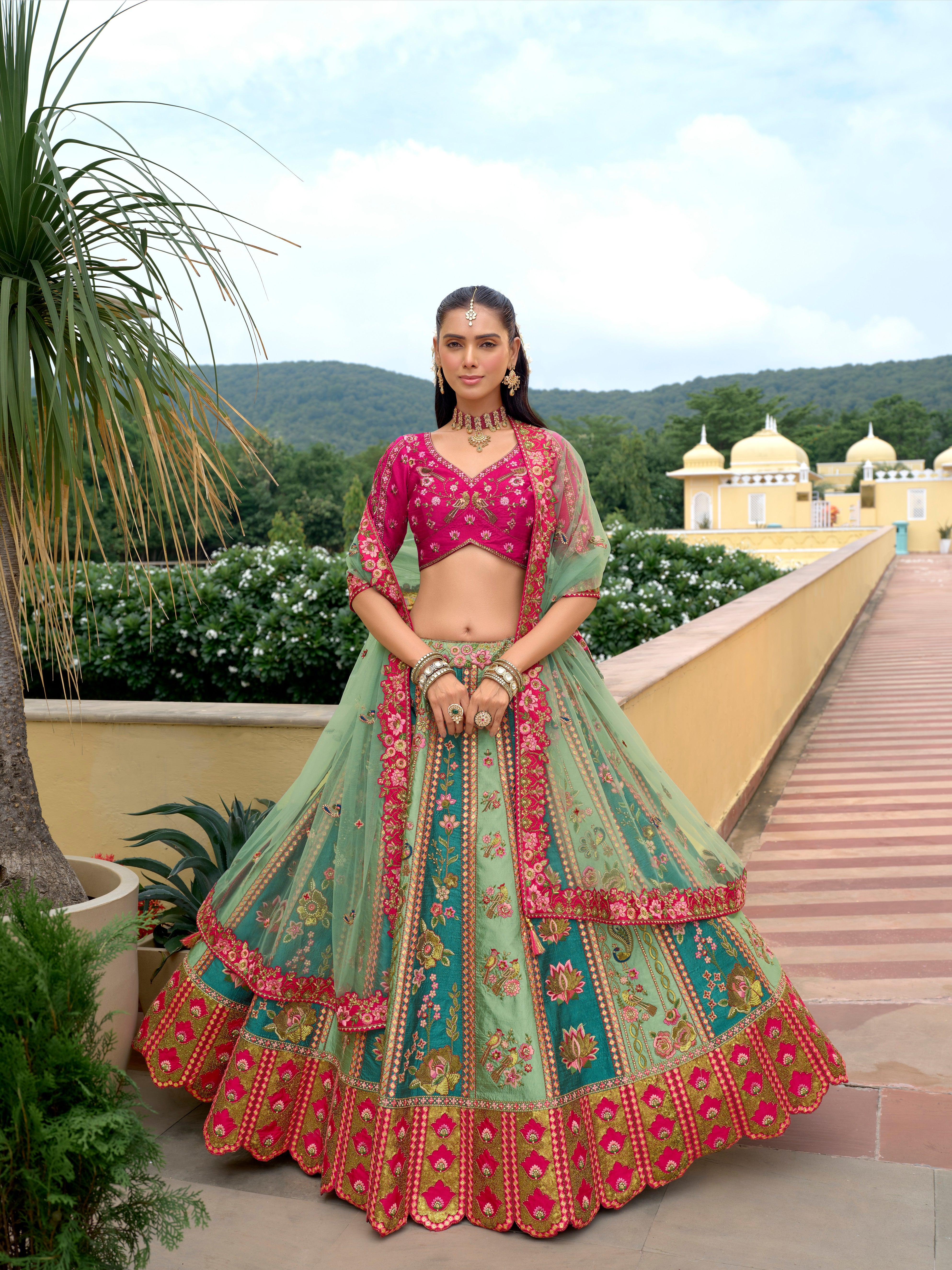 Teal Fancy Silk Cutwork Designer Lehenga