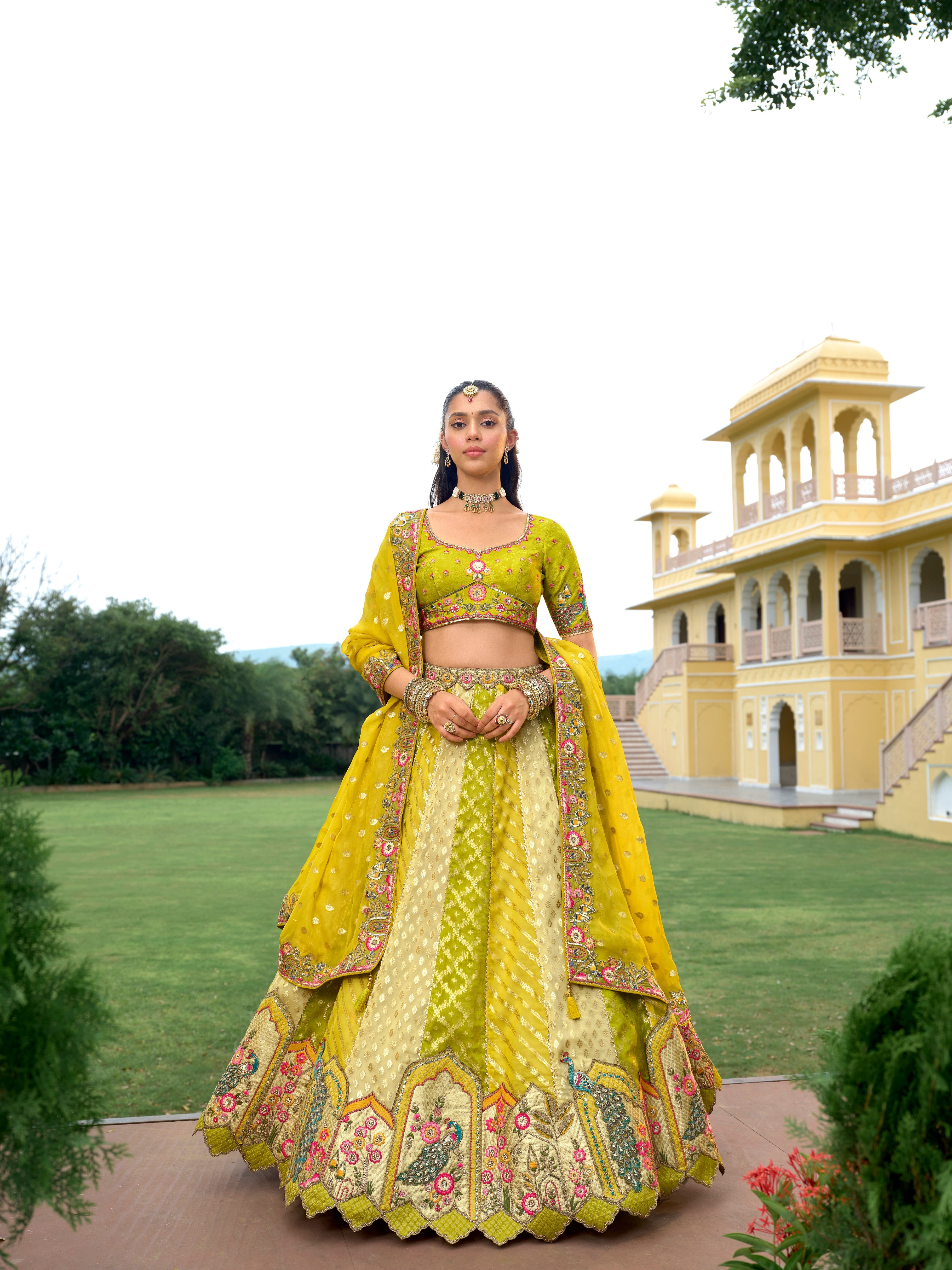 Lime Yellow Fancy Silk Embroidery Work Lehenga
