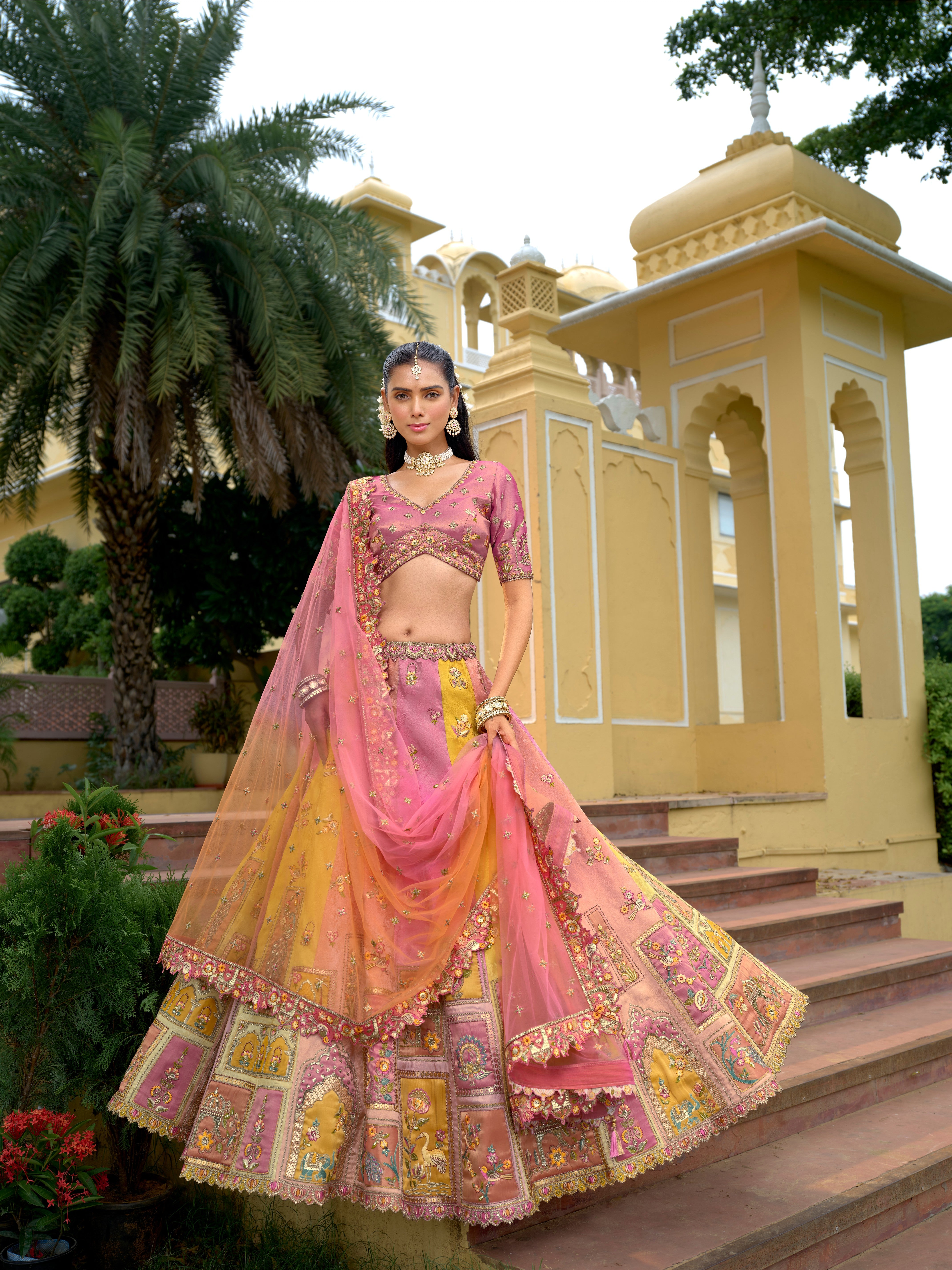 Peach Pink Fancy Silk Heavy Work Lehenga