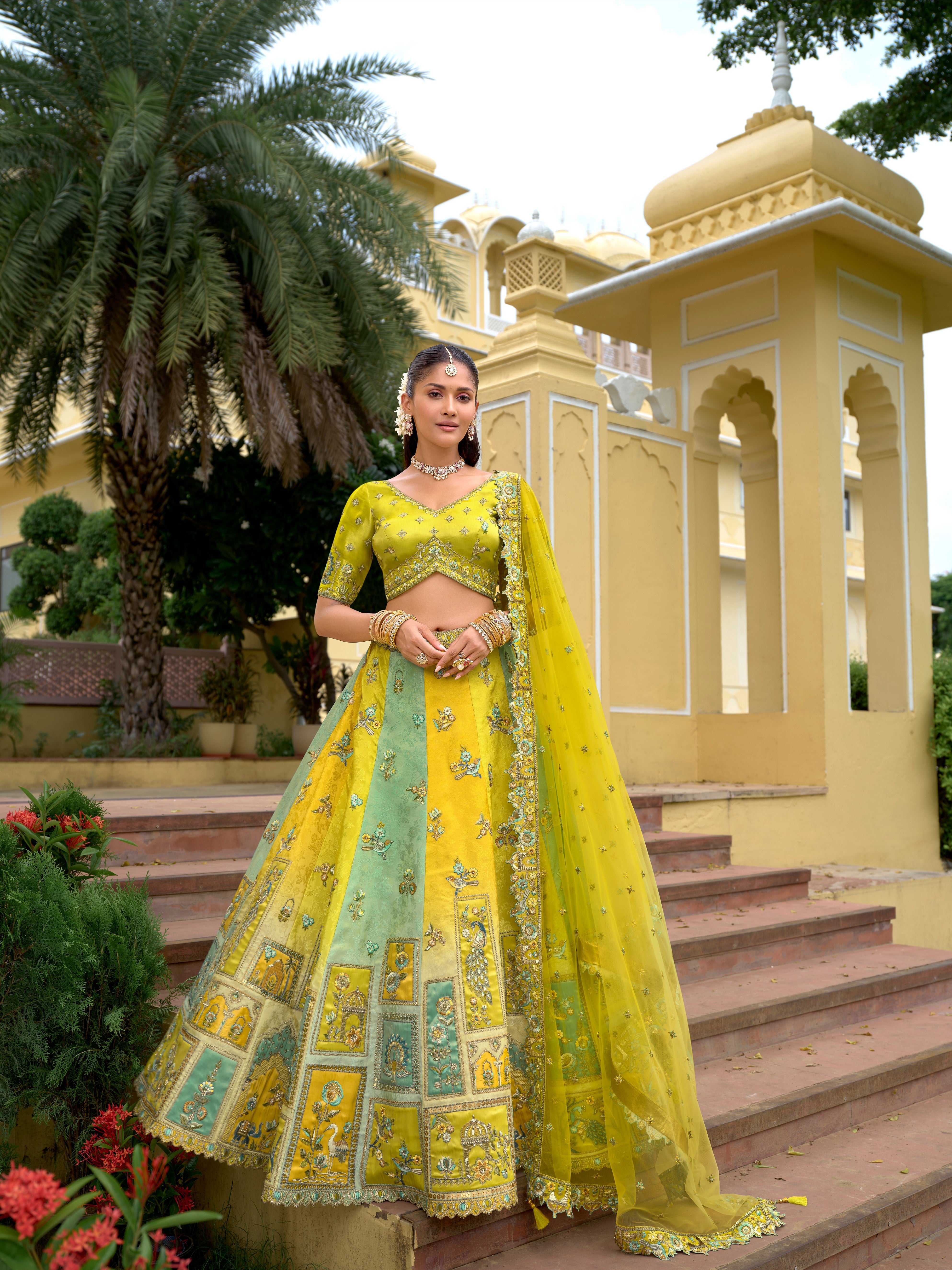 Lime Fancy Silk Cutwork Designer Lehenga