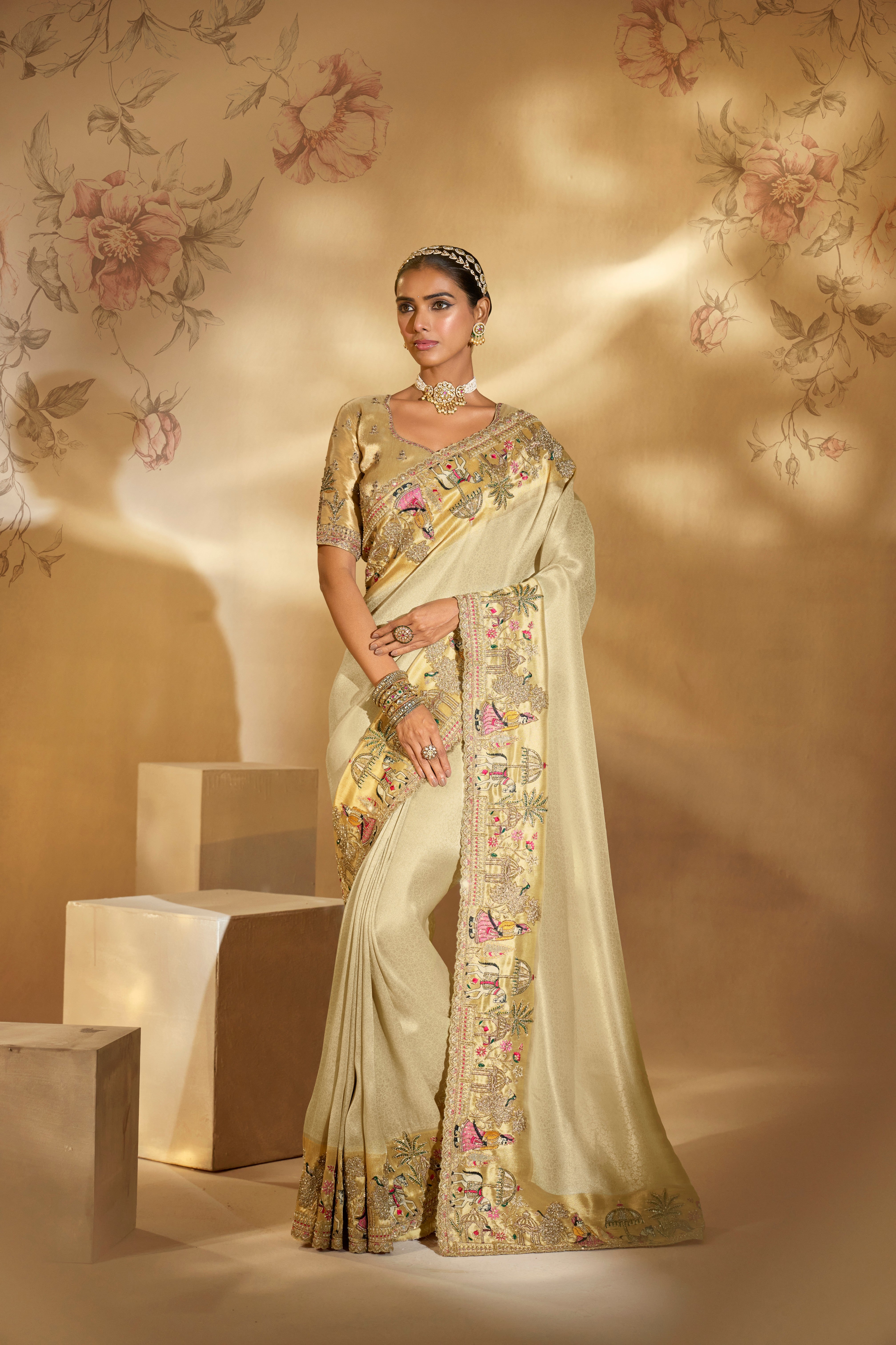 Cream Pure Giraffe Silk Handwork Saree