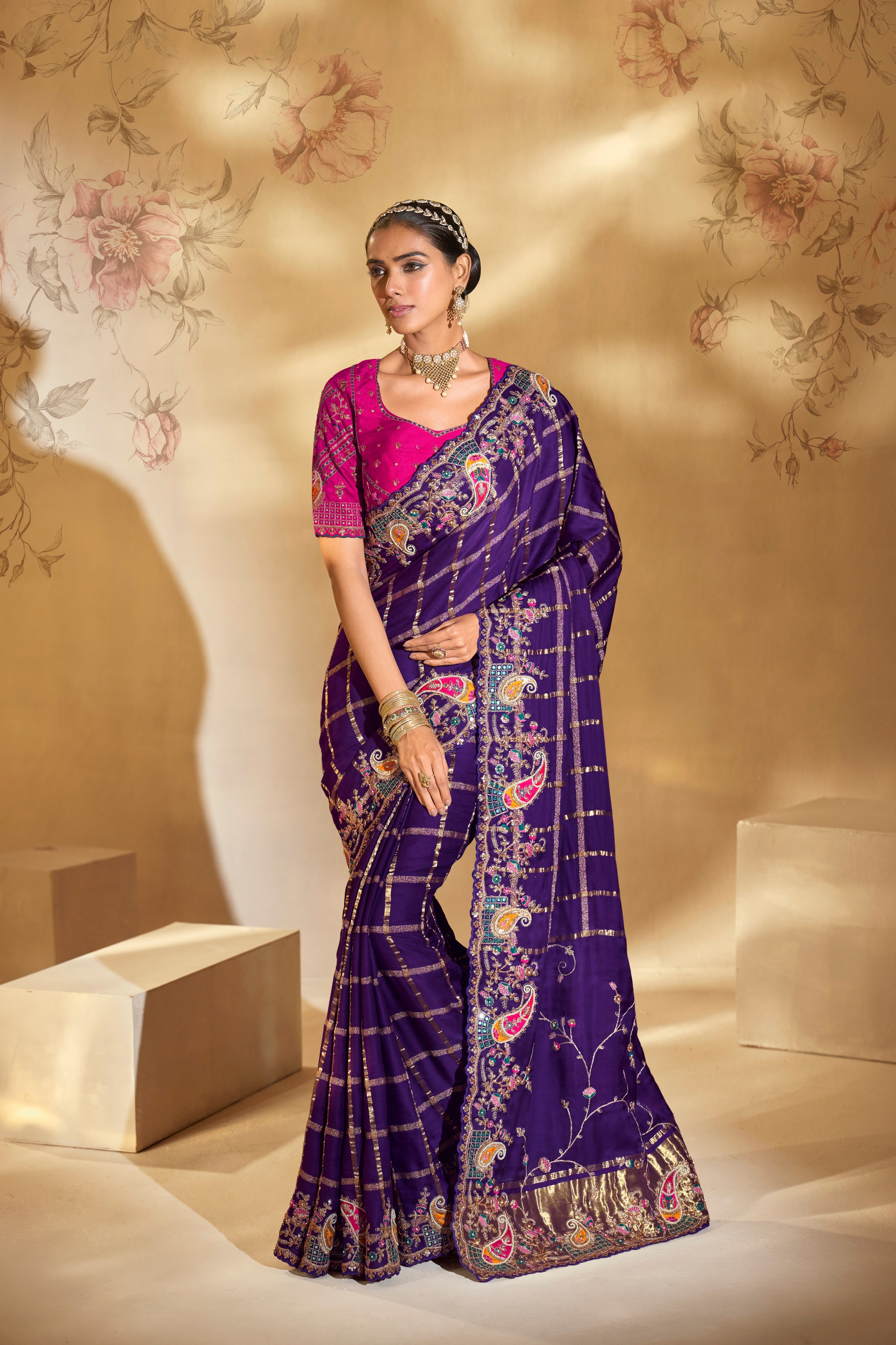 Purple Pure Gajji Silk Handwork Saree