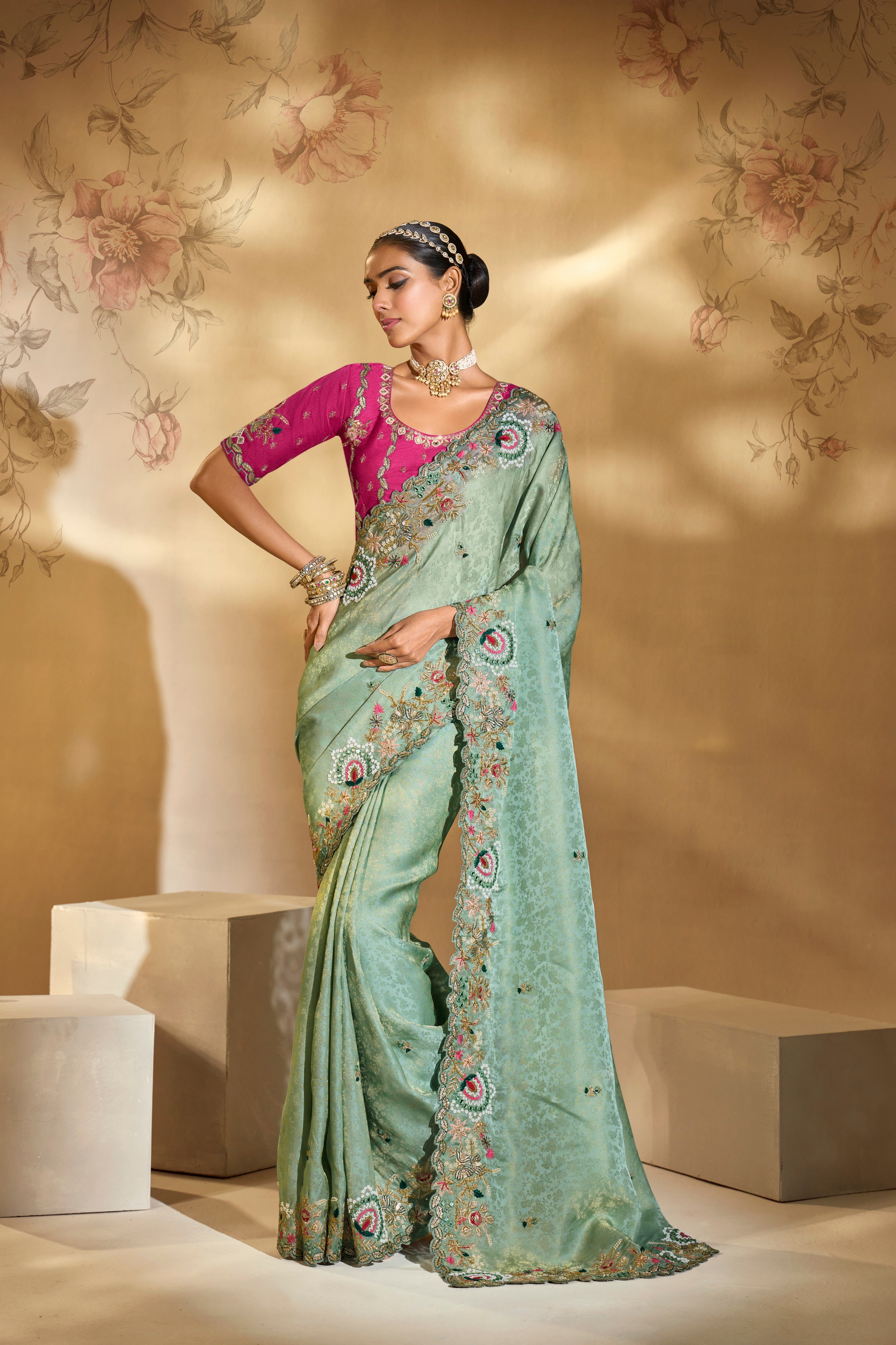 Sea Green Kanjipuram Silk Handwork Saree