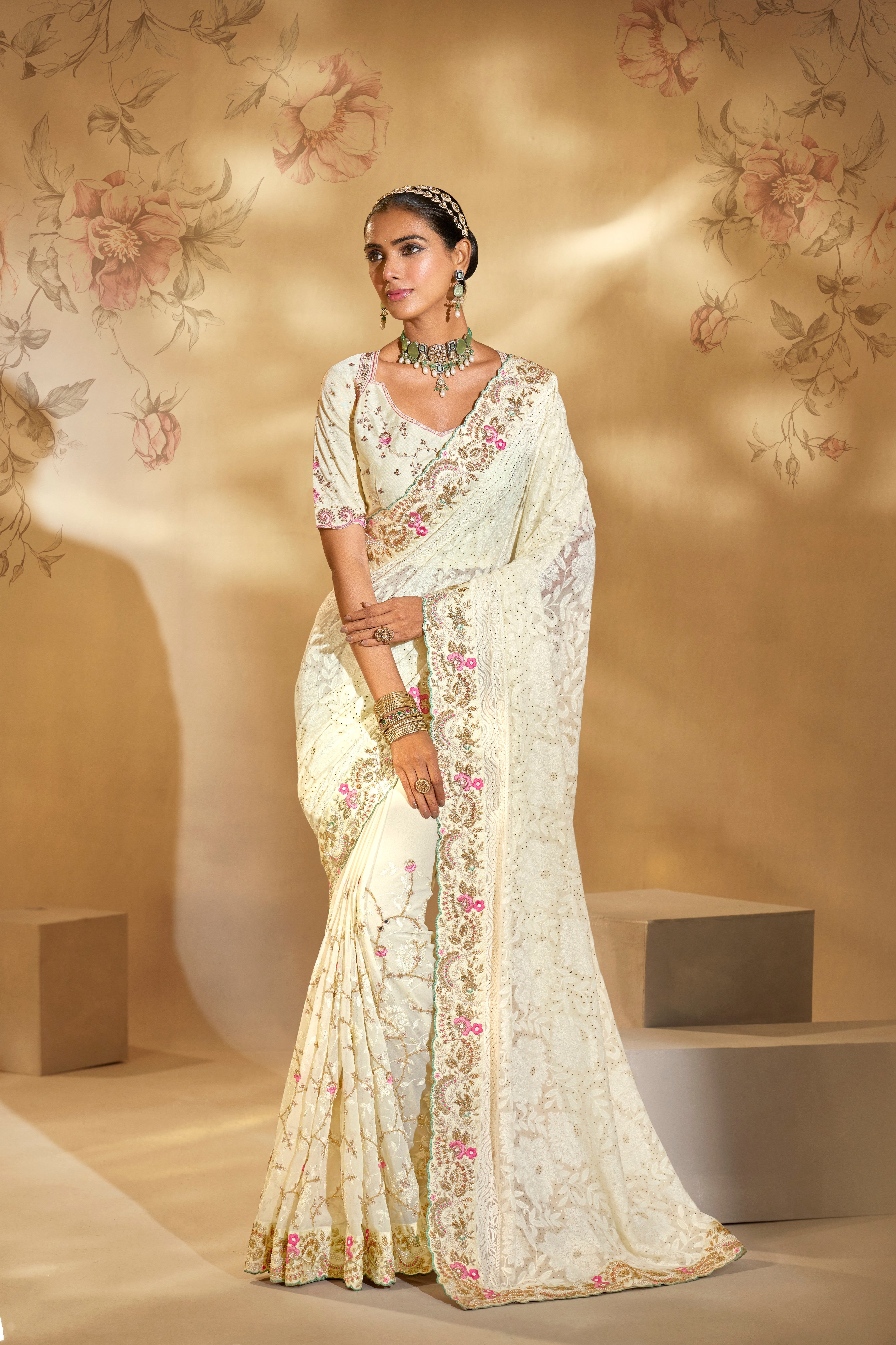 Cream Pure Georgette Handwork Saree