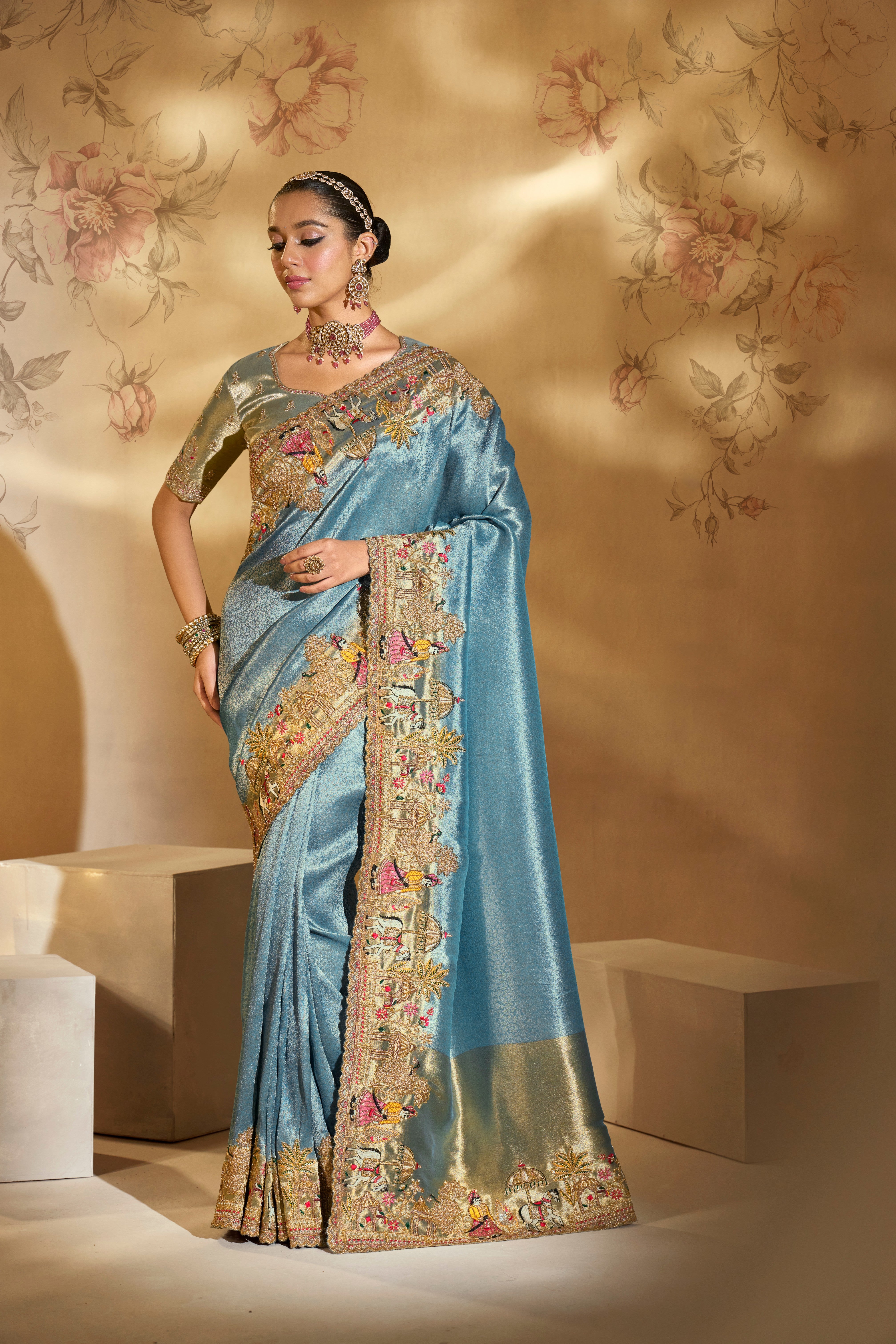 Sea Green Pure Ziraf Silk Handwork Saree