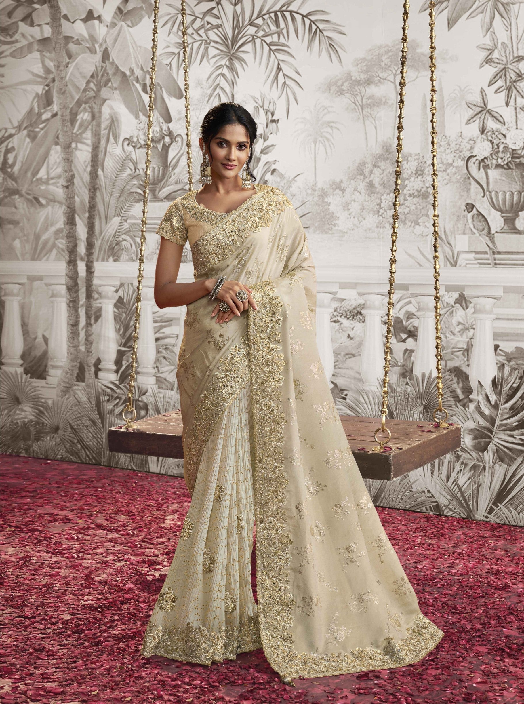 Cream Soft Fancy Zari Embroidered Saree
