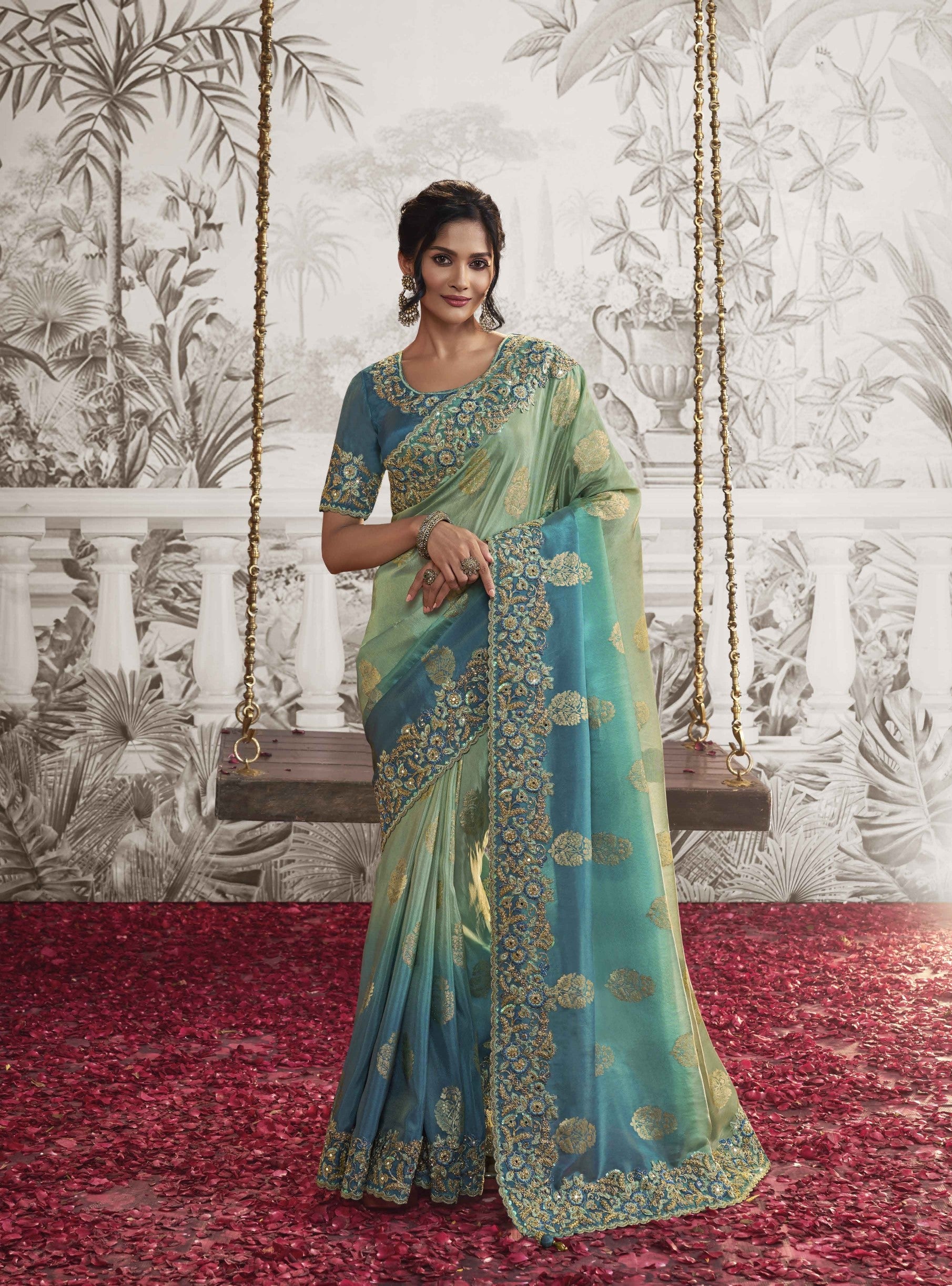 Sea Green Soft Fancy Zari Embroidered Saree
