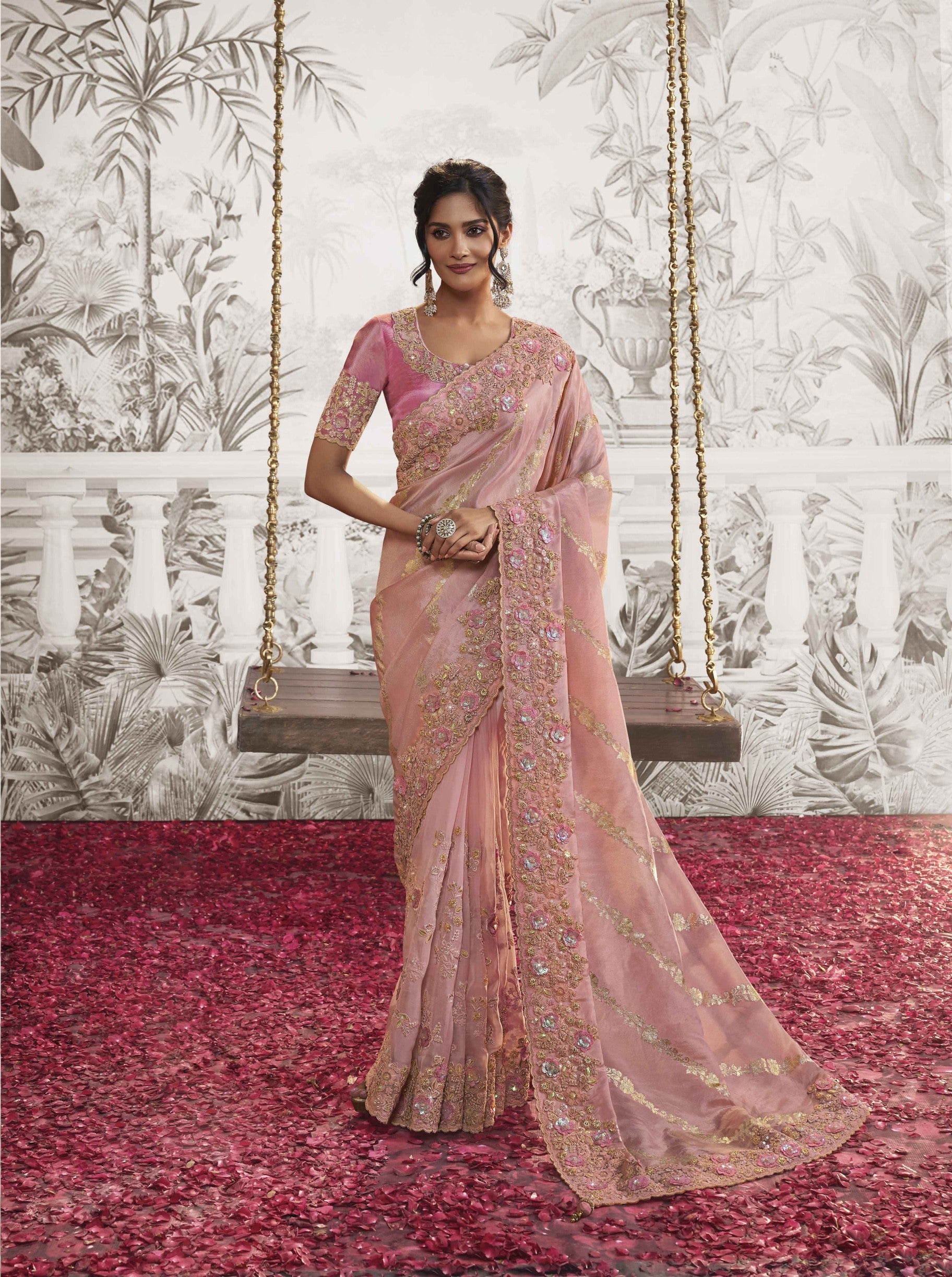 Peach Soft Fancy Zari Embroidered Saree