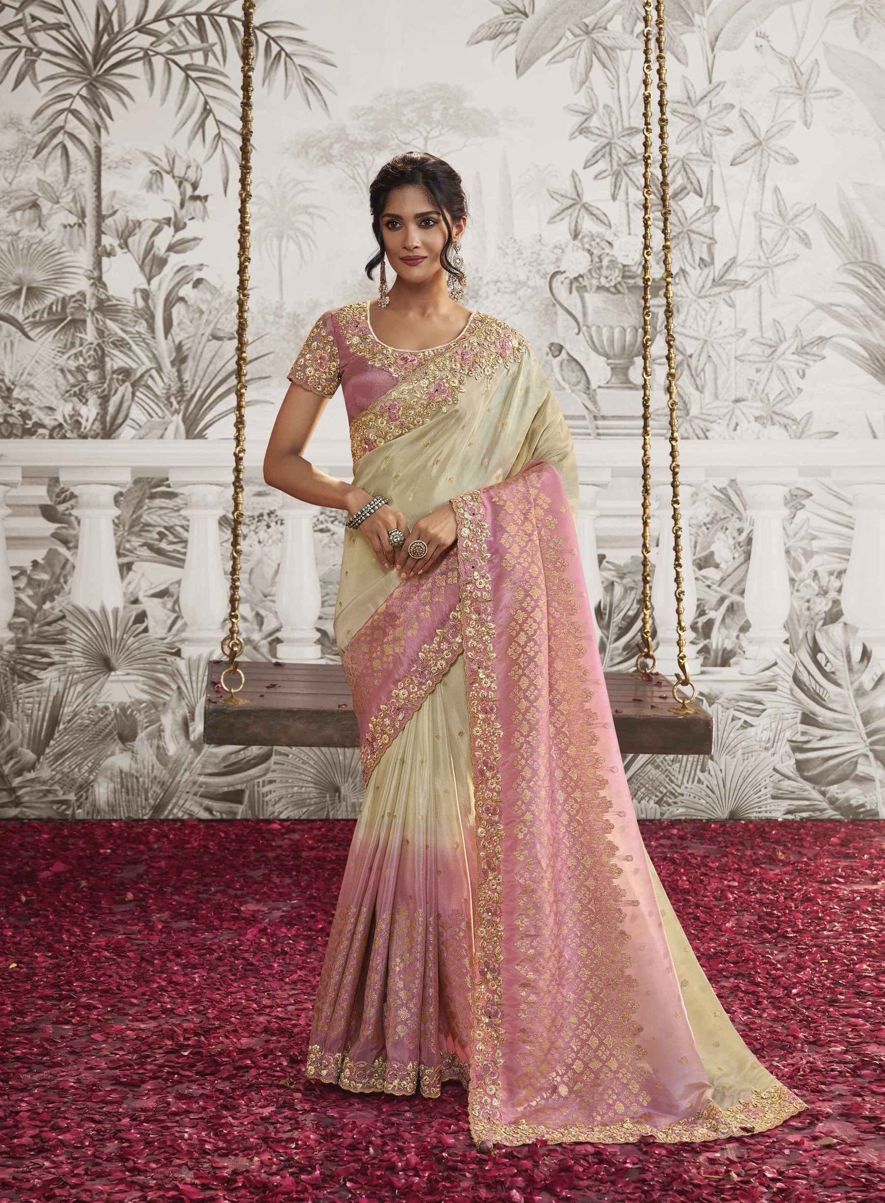 Pink Cream Soft Fancy Zari Embroidered Saree