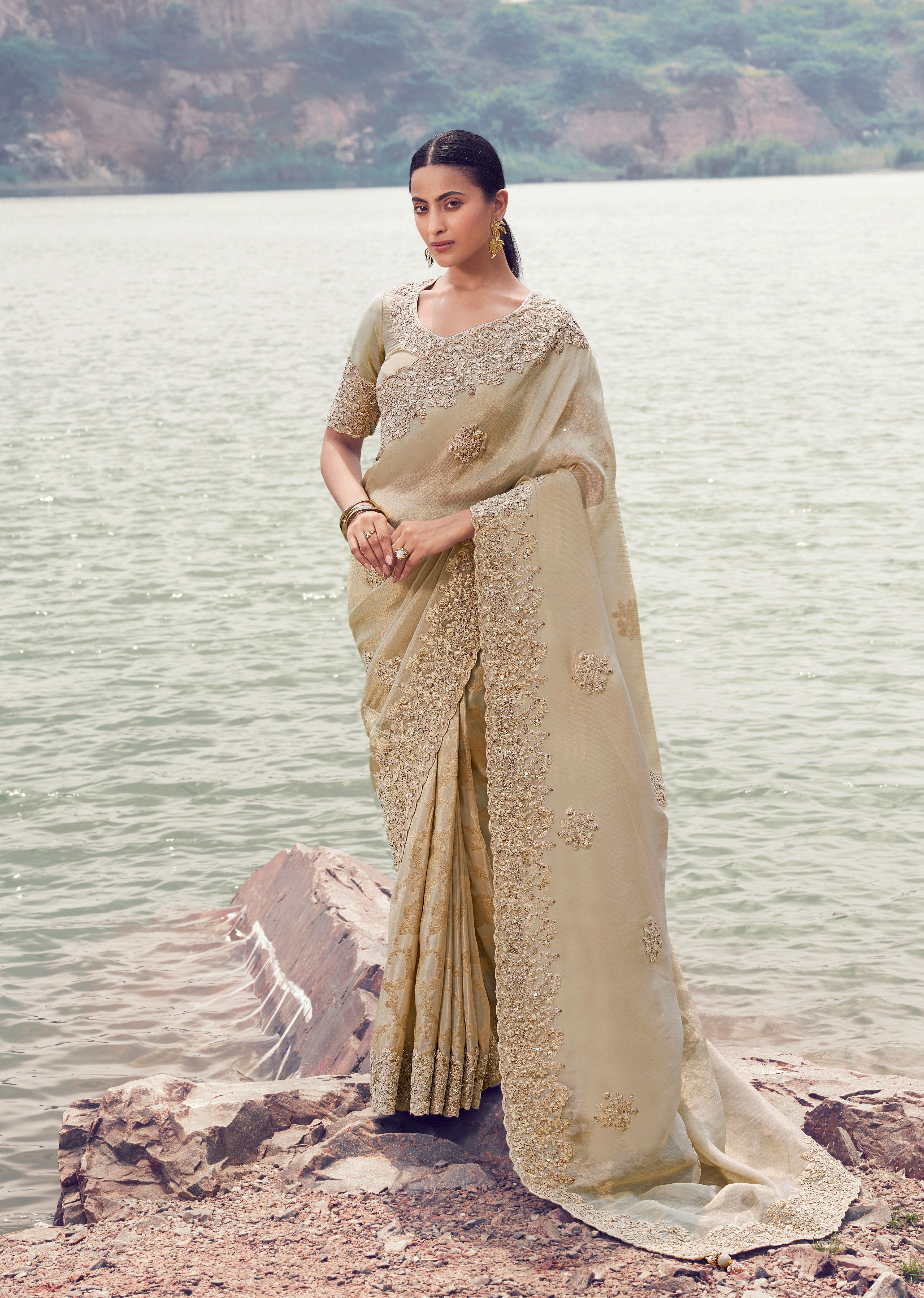 Beige Tissue Silk Jacquard Saree