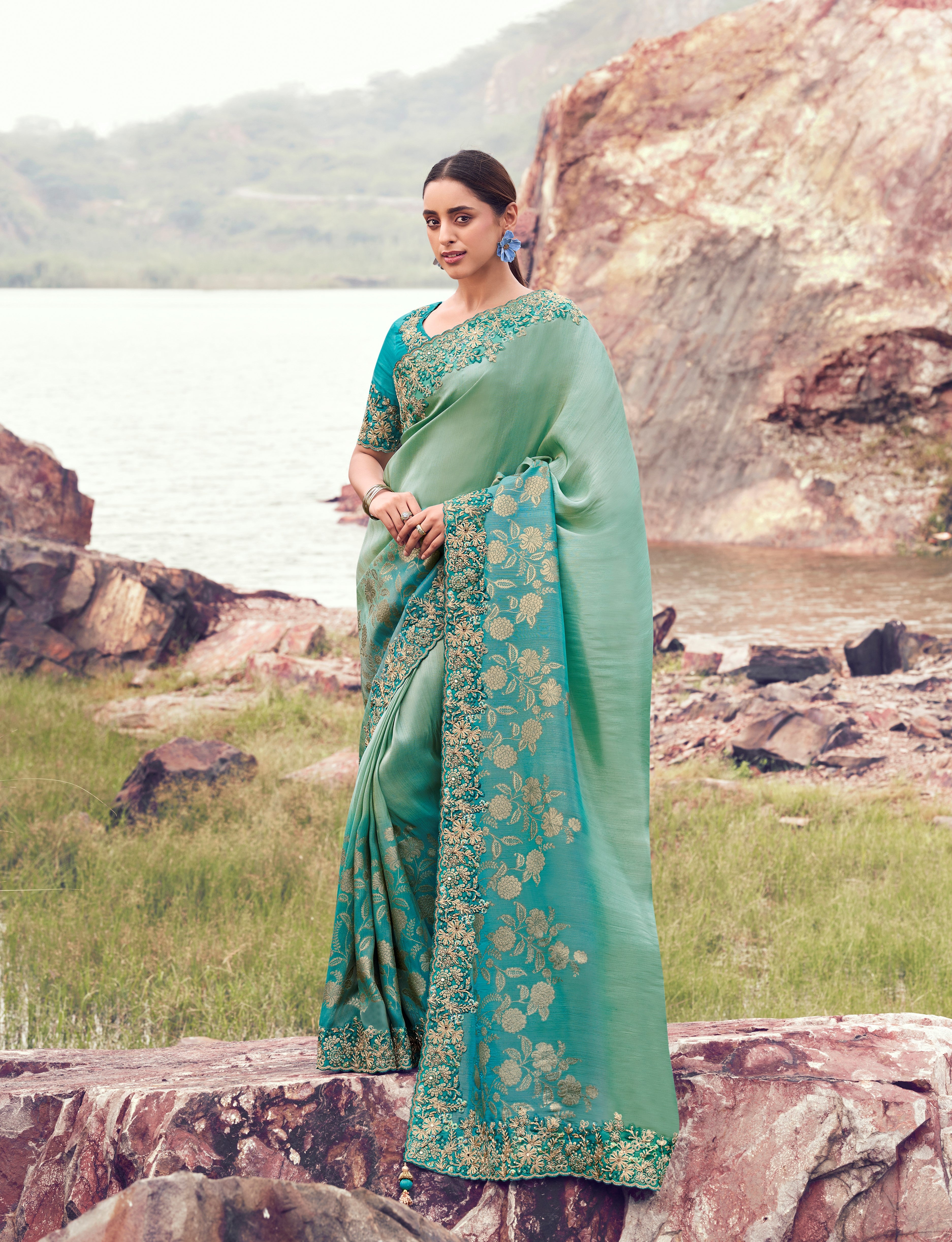 Sky Blue Shaded Banarasi Tissue Silk Saree