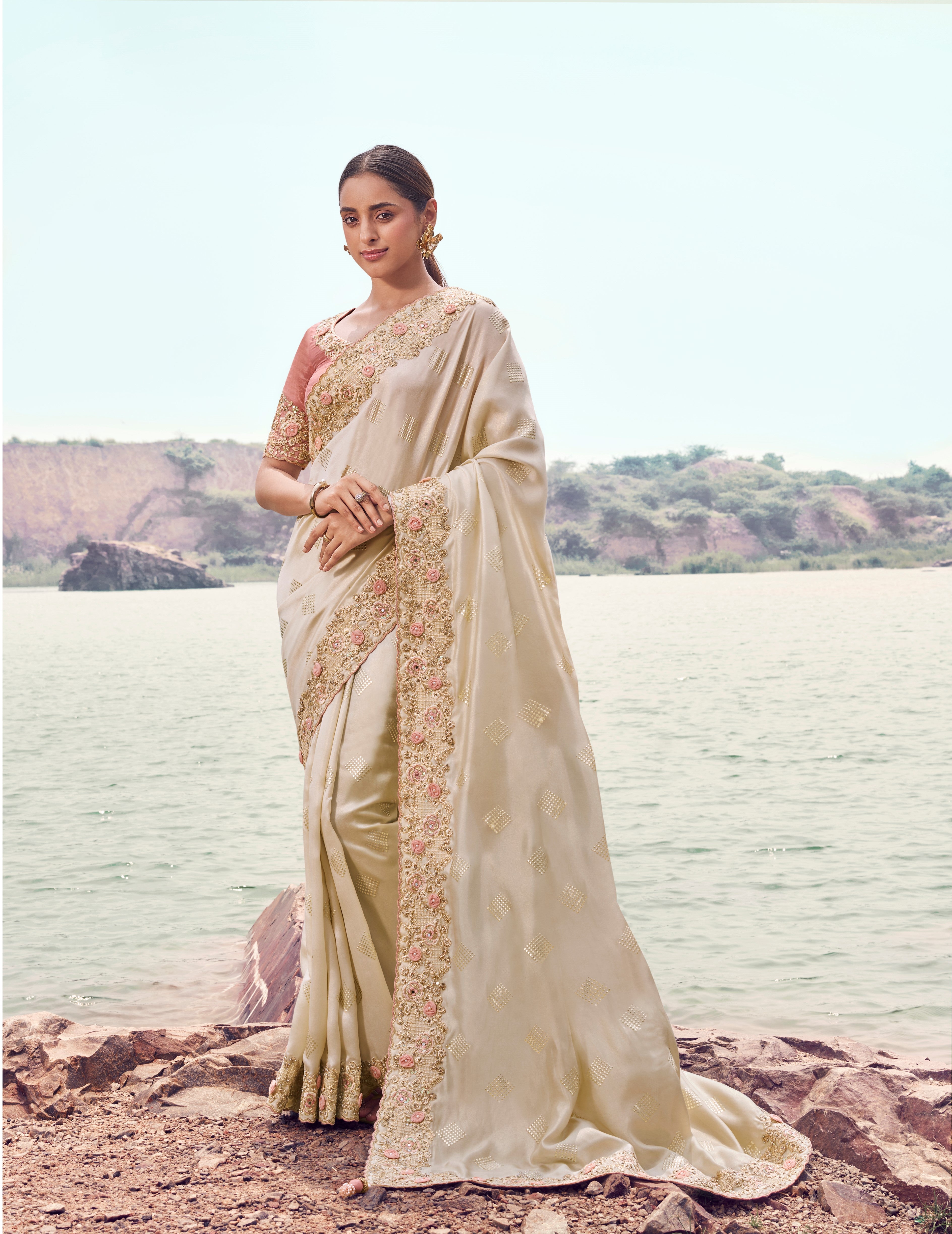 Chiku Satin Silk Zari Weaving Saree