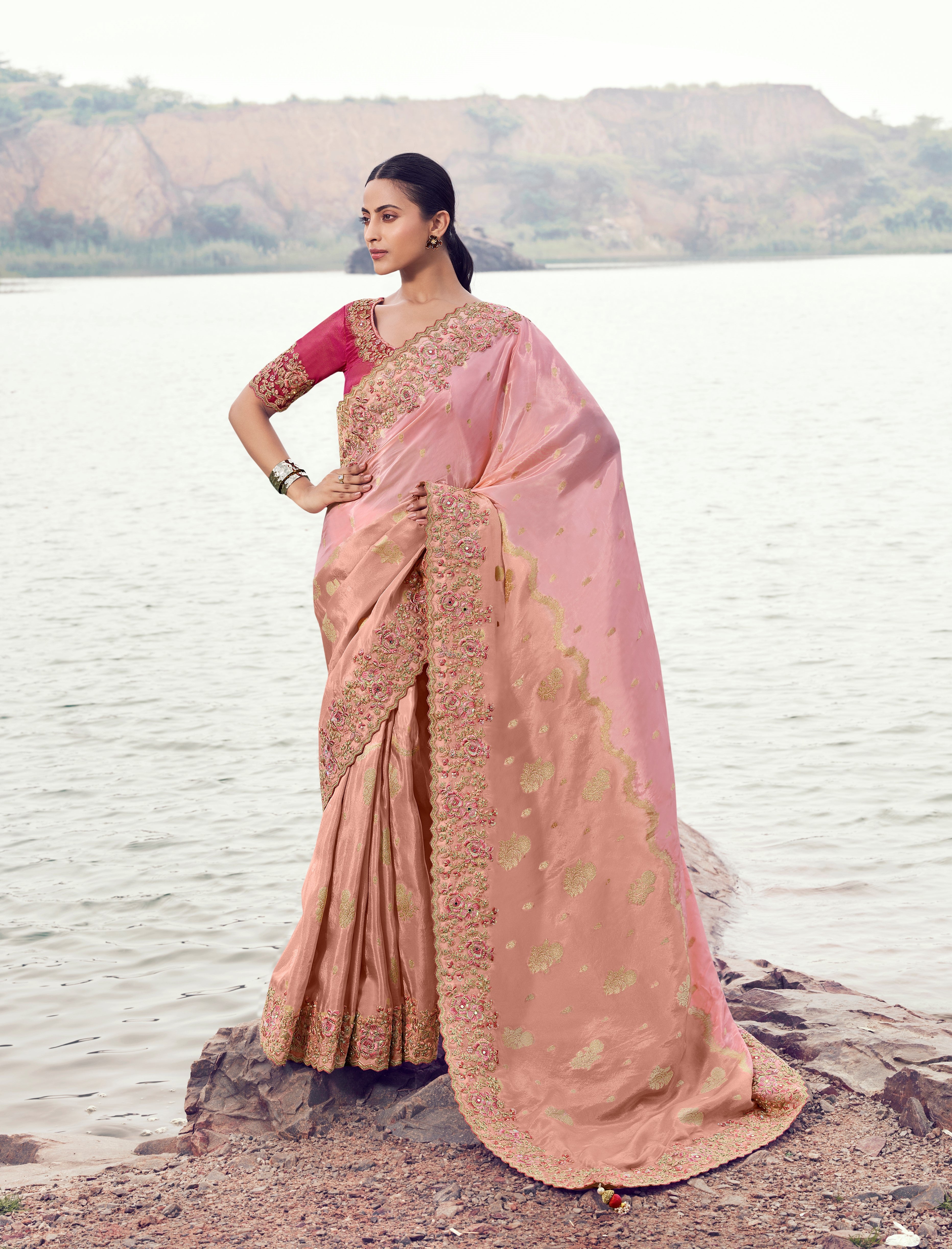Pink Tissue Silk Sequence Work Saree