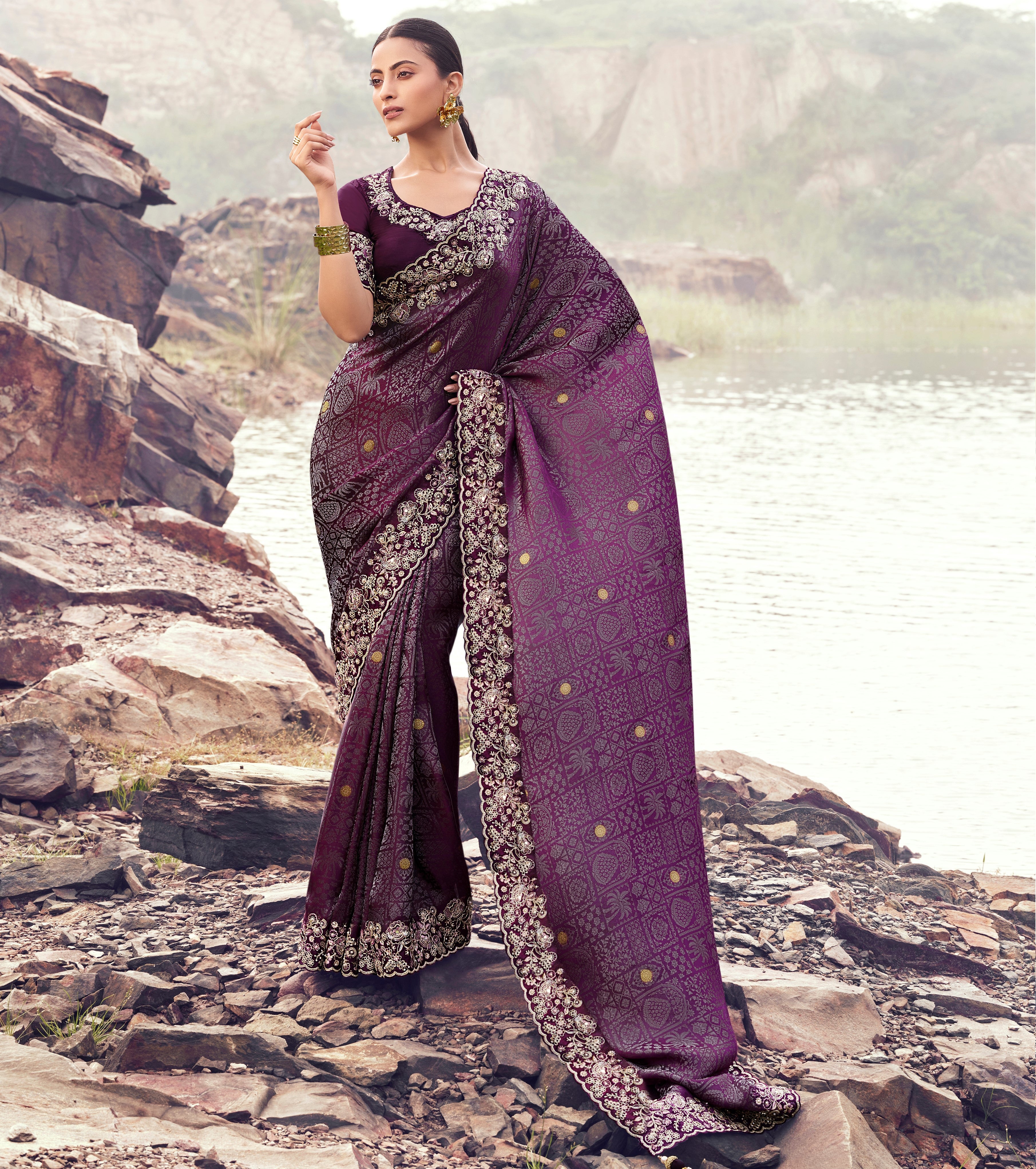 Wine Pure Satin Silk Jacquard Saree