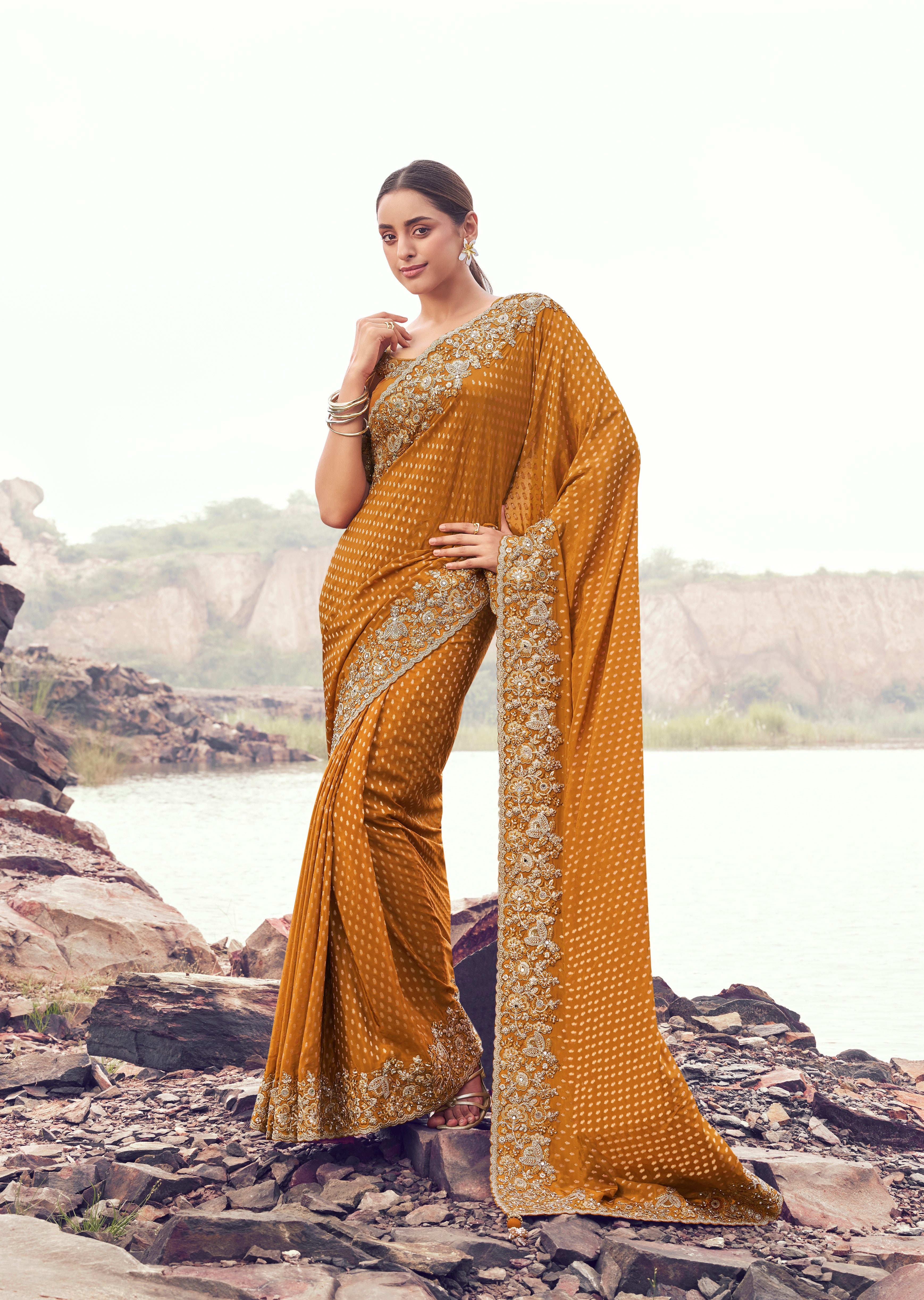 Mustard Pure Satin Silk Jacquard Saree