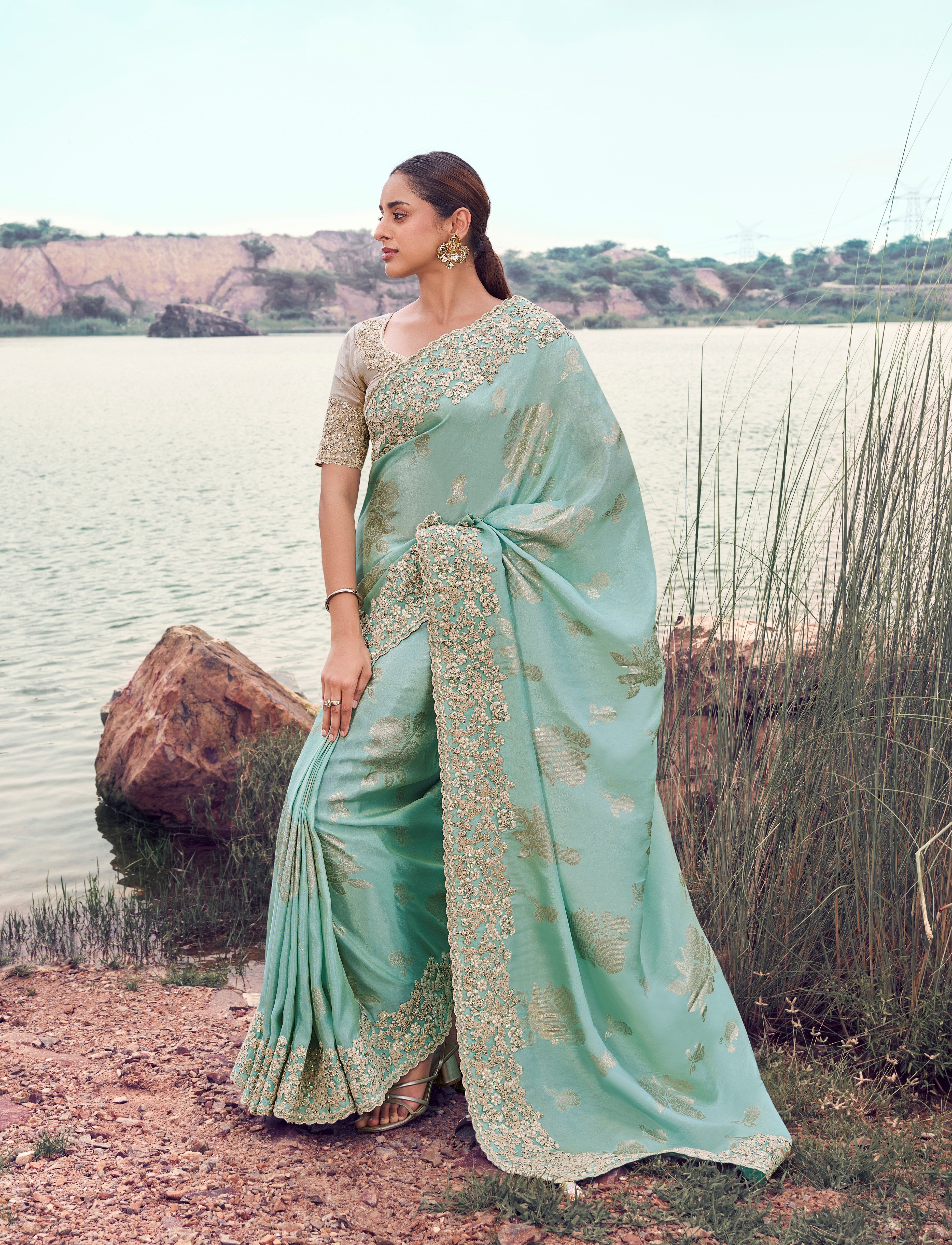 Sky Blue Tissue Silk Jacquard Saree