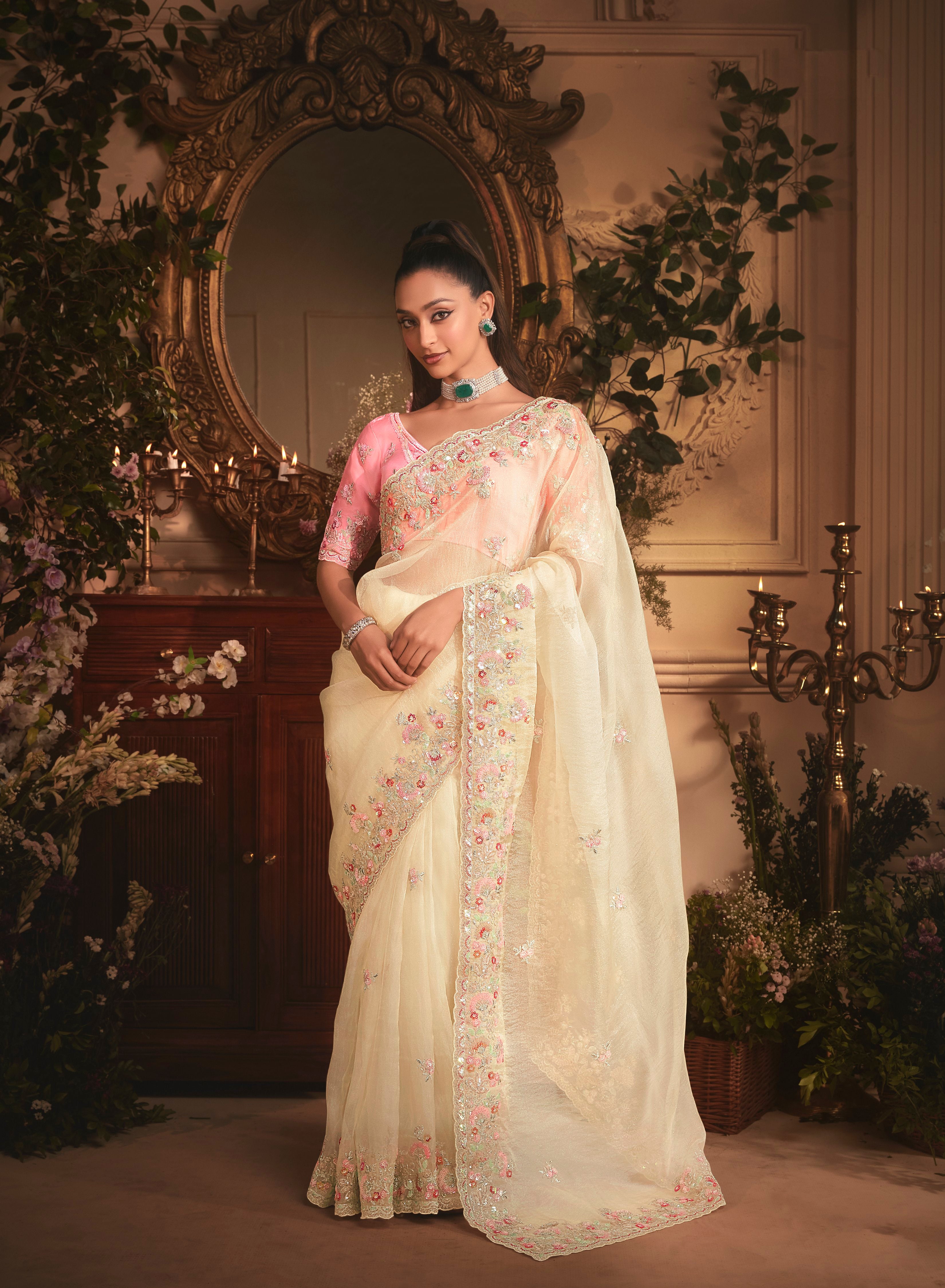 Cream Tissue Organza Embroidered Saree