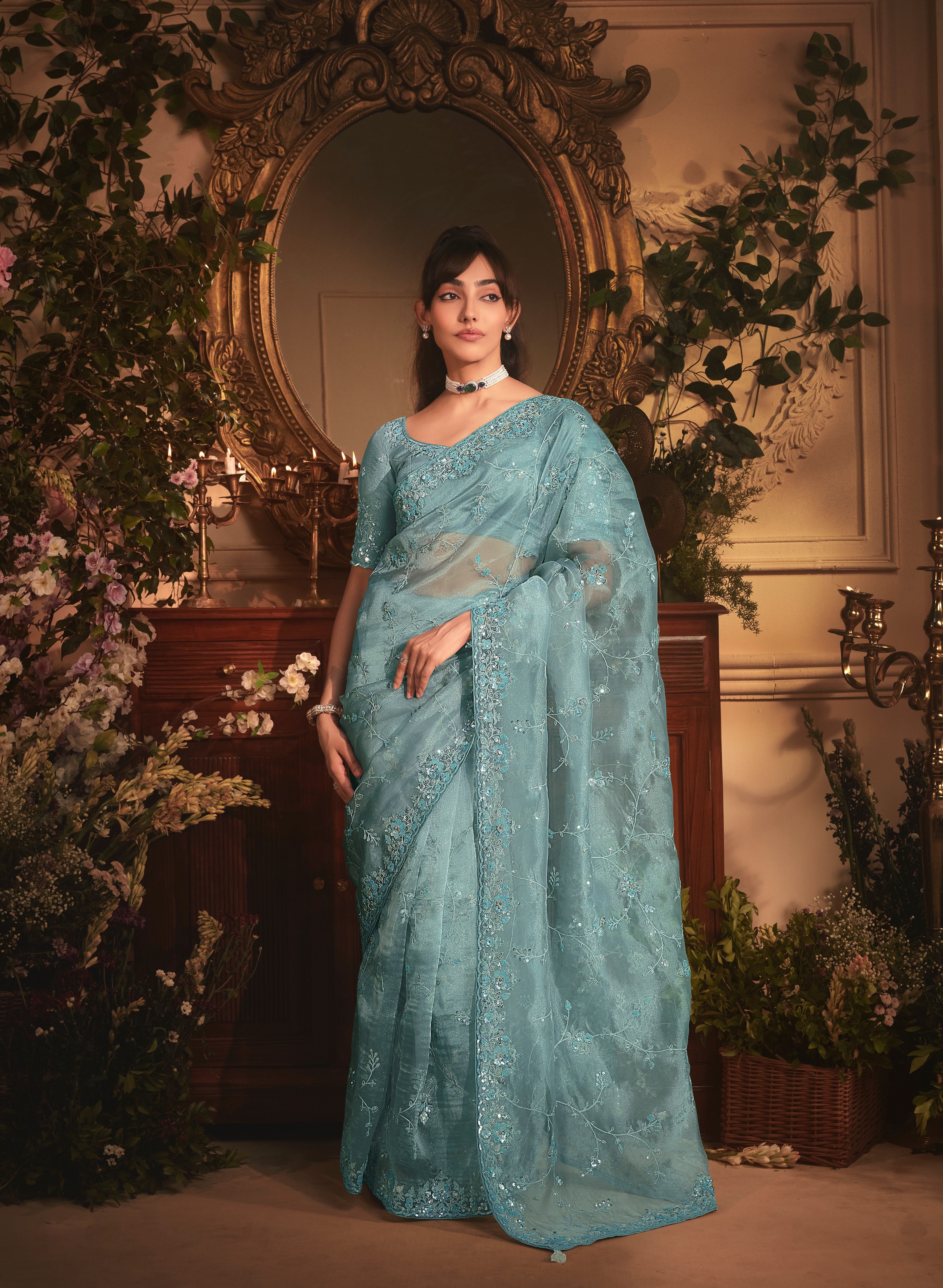 Sea blue Tissue Organza Embroidered Saree