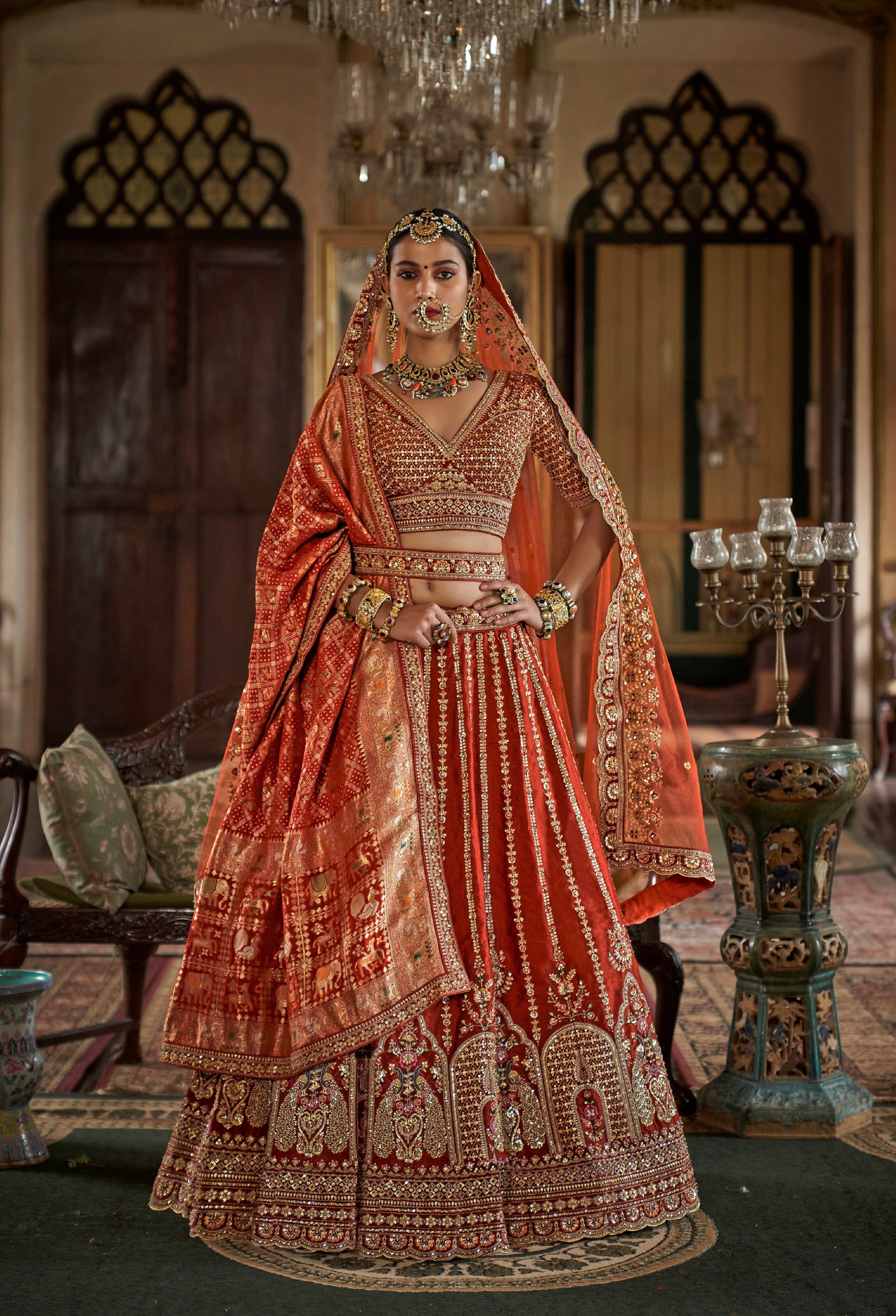 Coral Bridal Tone Silk Embroidery Lehenga