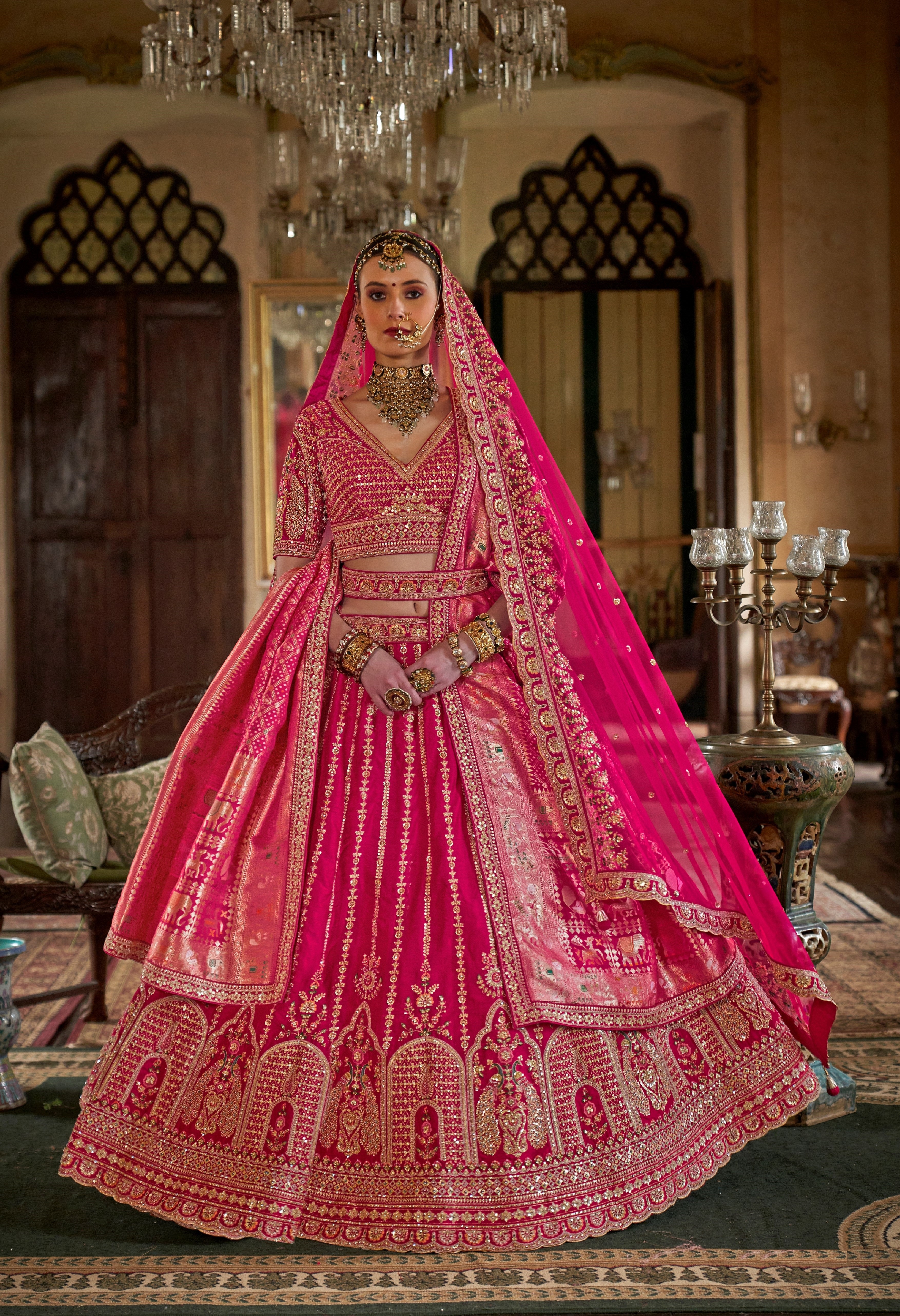 Hot Pink Bridal Tone Silk Embroidery Lehenga