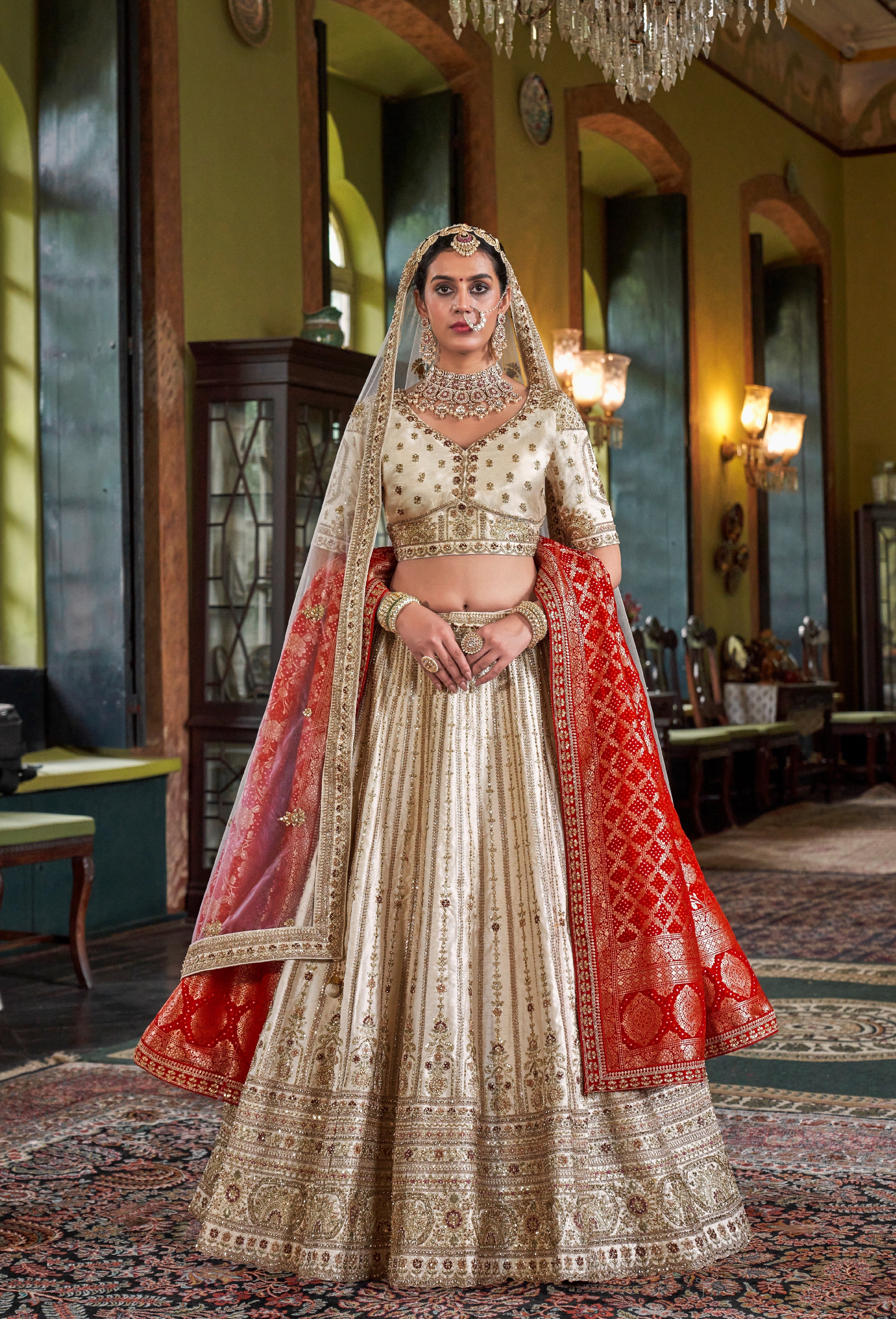 Cream Red Bridal Tone Silk Embroidery Work Lehenga