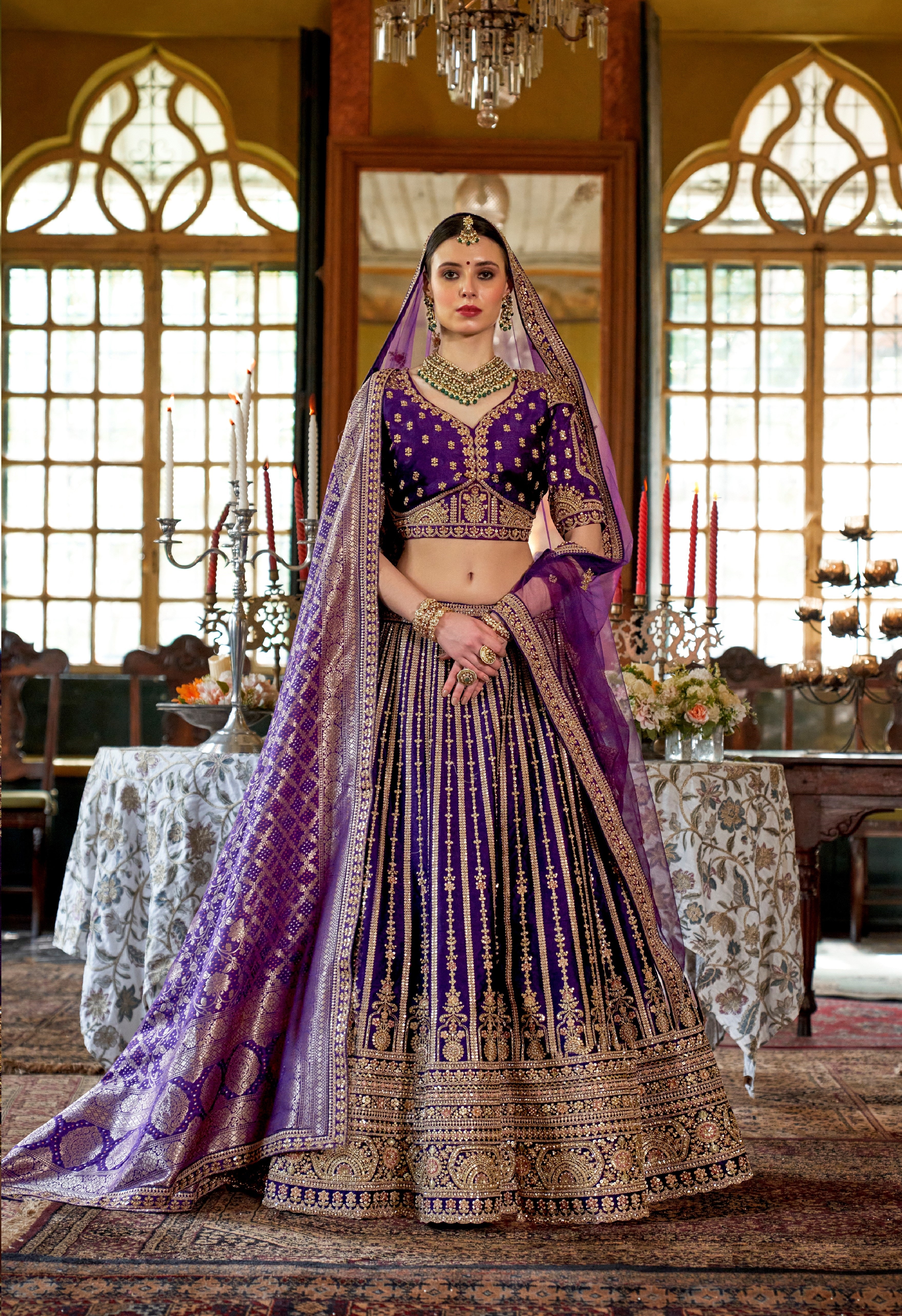 Purple Bridal Tone Silk Embroidery Work Lehenga