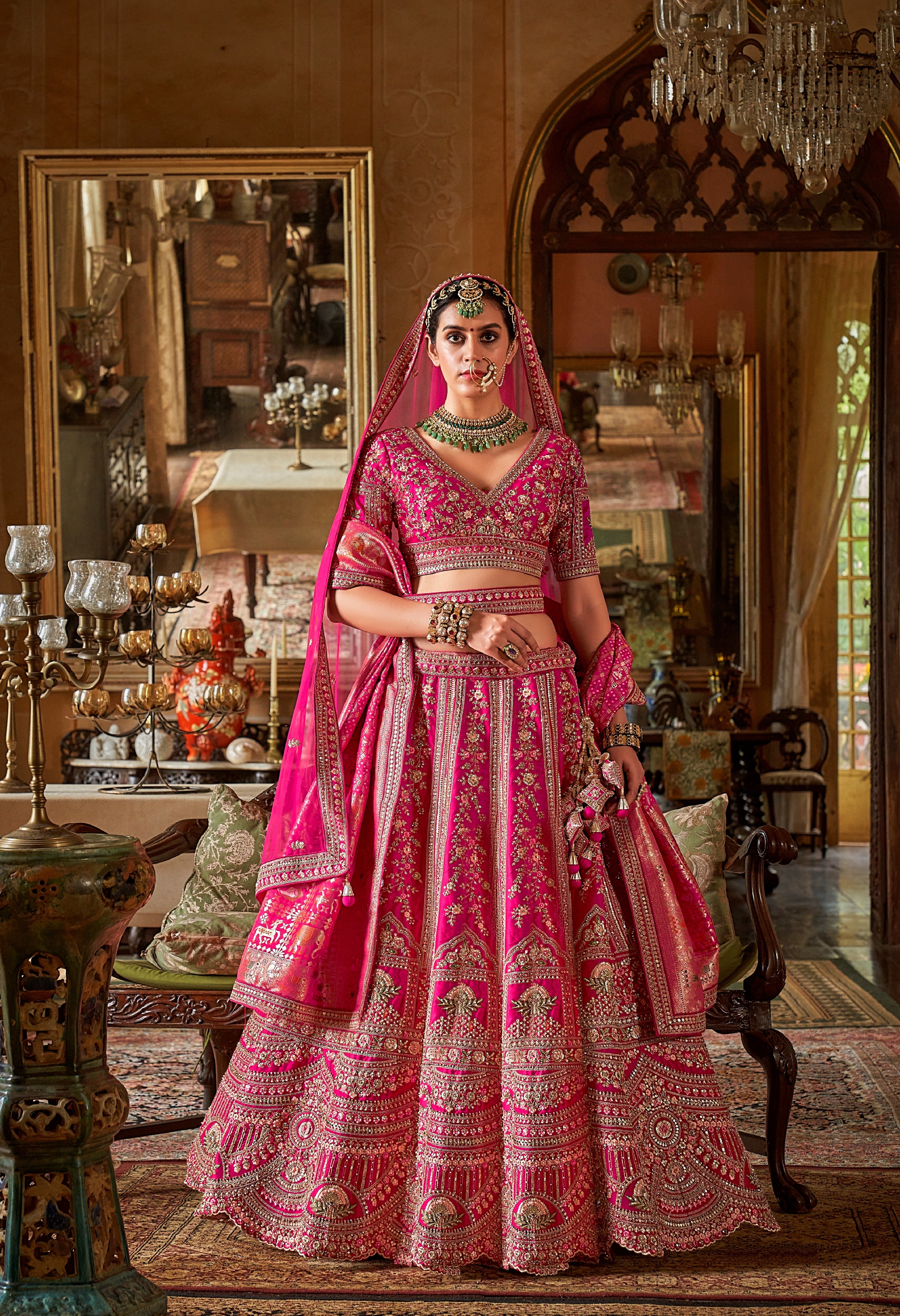 Magenta Pink Bridal Tone Silk Embroidery Work Lehenga